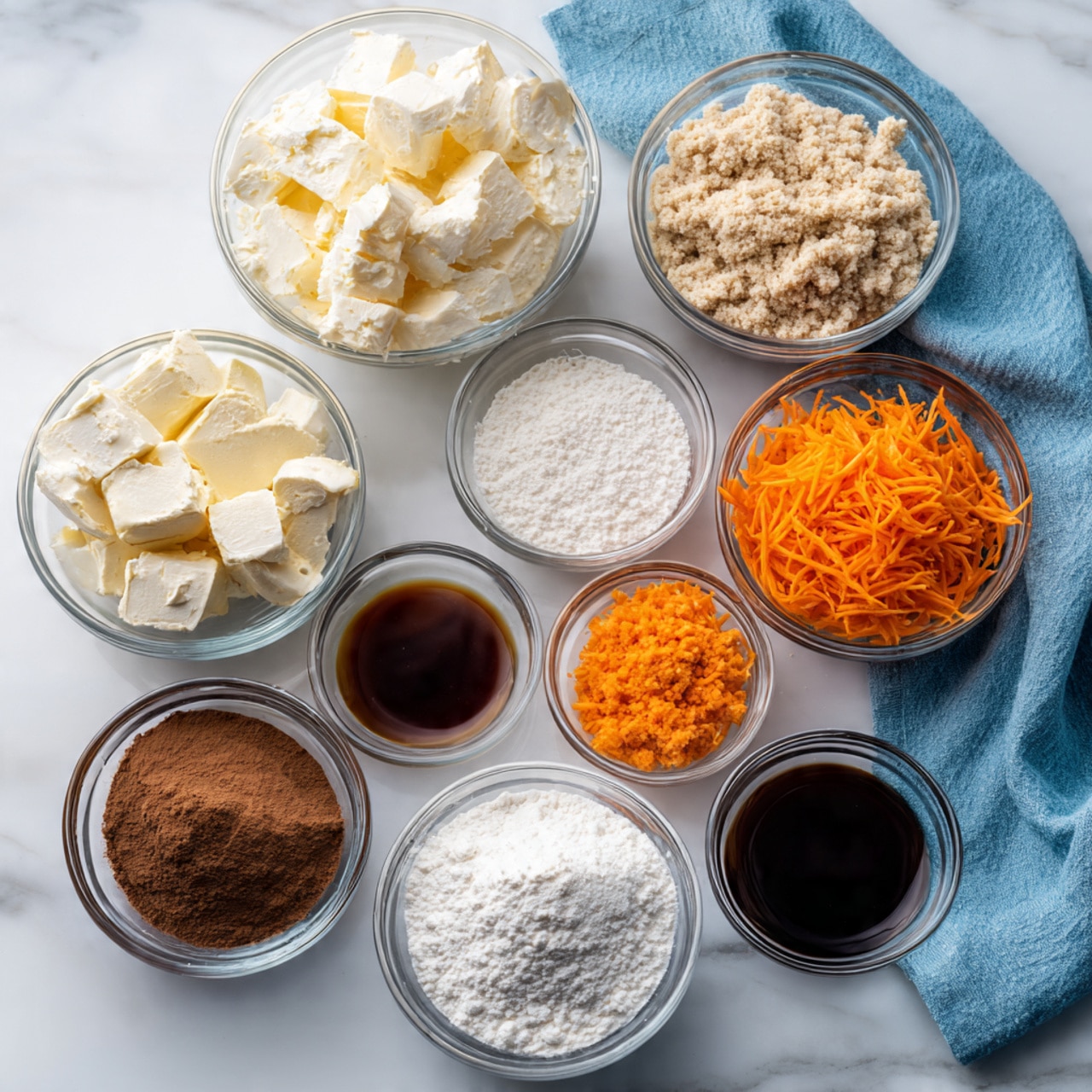 The image shows nine small clear glass bowls arranged in three rows on a white marbled surface. The back row has two large bowls, one filled with chunks of cream cheese and the other with a beige crumbly mixture. The middle row contains four medium bowls holding melted butter, white powdered sugar, shredded orange carrot, and a light brown powder. The front row has three small bowls with white powder, a dark brown powder, and a thick dark brown liquid. A pale blue cloth is placed behind the two large bowls. The image is bright with soft lighting, highlighting the textures and colors of each ingredient. Photo taken with an iphone --ar 4:5 --v 7