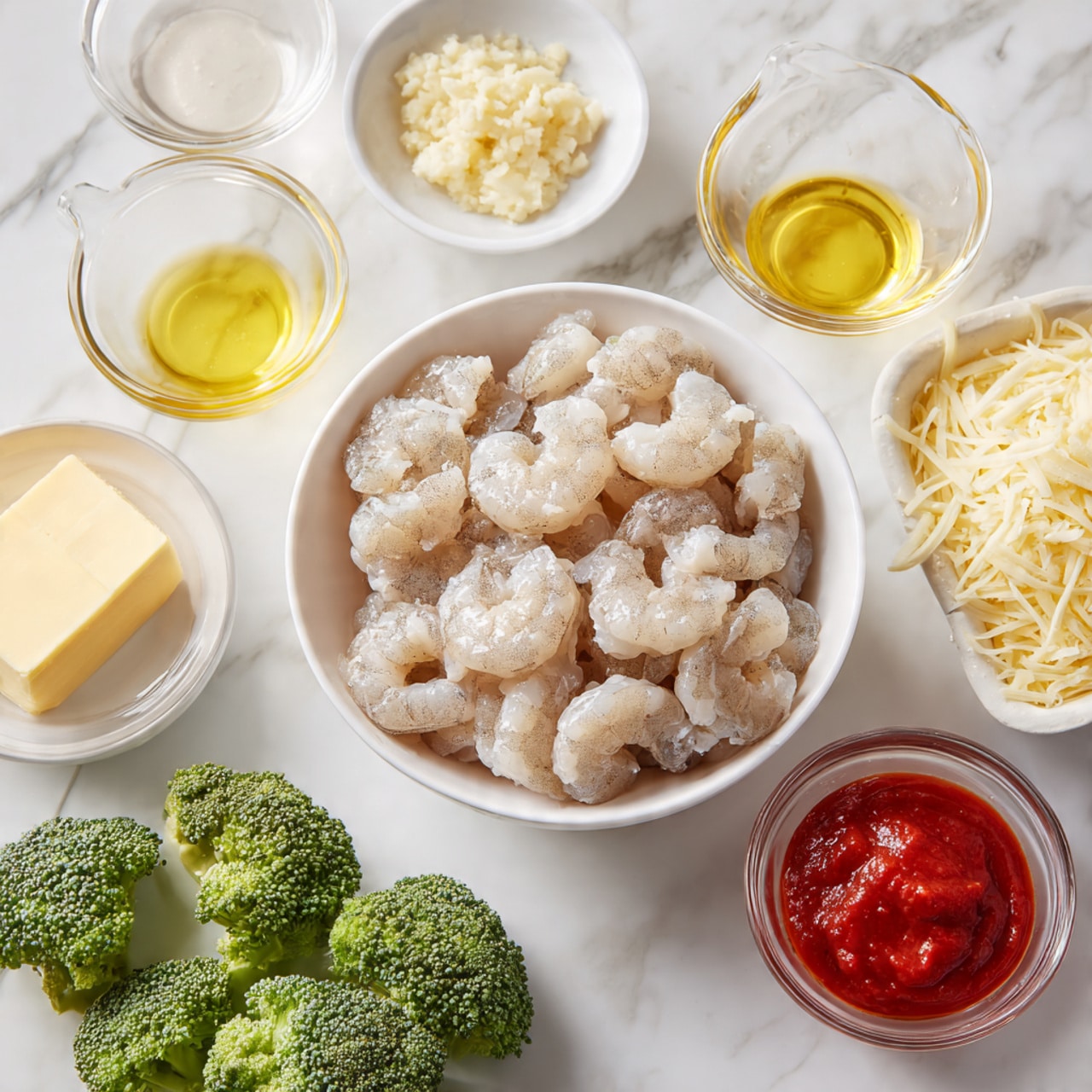 A white bowl in the center holds raw, peeled shrimp that are light gray and slightly translucent, showing their curled shapes clearly. Surrounding the bowl, there are small white dishes and glass containers with various ingredients: to the top left, a clear measuring cup is filled with a white, creamy liquid; to the top right, another clear measuring cup holds a light yellow oil. Near the bottom left, a small glass bowl contains minced garlic with a yellowish hue, and beside it, a small stick of pale yellow butter sits on the white marbled surface. Bright green broccoli florets rest next to the bowl of shrimp on both sides. In the lower right corner, a small glass bowl is filled with a smooth, bright red sauce, and next to it, another small container holds pale yellow grated cheese. Tiny amounts of green herbs are also scattered near the butter, all placed on a clean white marbled background. Photo taken with an iphone --ar 4:5 --v 7