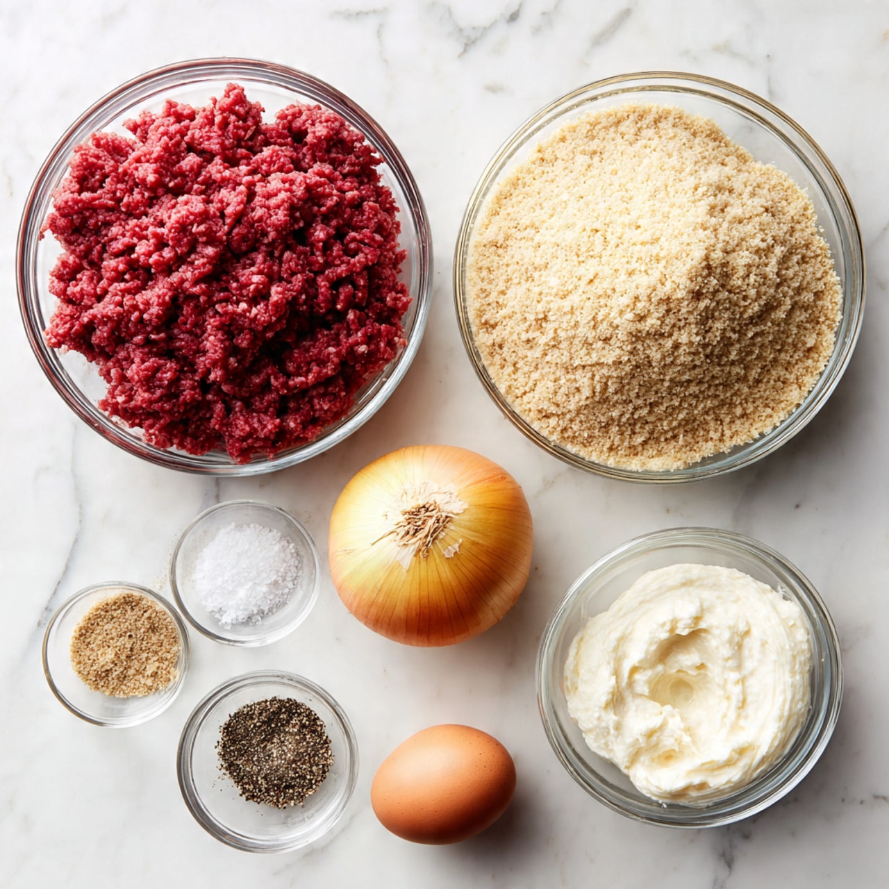 The image shows six cooking ingredients placed on a white marbled surface. At the top left, a clear glass bowl holds a large round pile of red ground beef. To the right, another clear glass bowl contains a beige round mound of bread crumbs. Below these bowls, there is a small whole yellow onion with its skin still on. Below the onion and to the left, a small clear glass bowl holds a mix of white salt and black pepper. Near the salt and pepper, a single brown egg is placed. Lastly, at the bottom right, a small clear glass bowl is filled with white cream. Each ingredient is labeled with black text in simple font. photo taken with an iphone --ar 4:5 --v 7