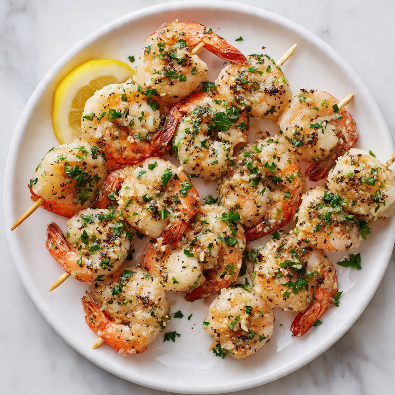 This image shows a white plate with several skewers of cooked shrimp arranged in a loose cluster. Each skewer holds about three shrimp, with pinkish-orange tails and white, slightly translucent bodies covered in small bits of minced garlic and black pepper. Bright green parsley pieces are sprinkled over the shrimp, adding color contrast. The plate sits against a white marbled surface, and faint slices of lemon can be seen under the shrimp on the left side. The overall look is fresh with a light, textured garnish. photo taken with an iphone --ar 4:5 --v 7