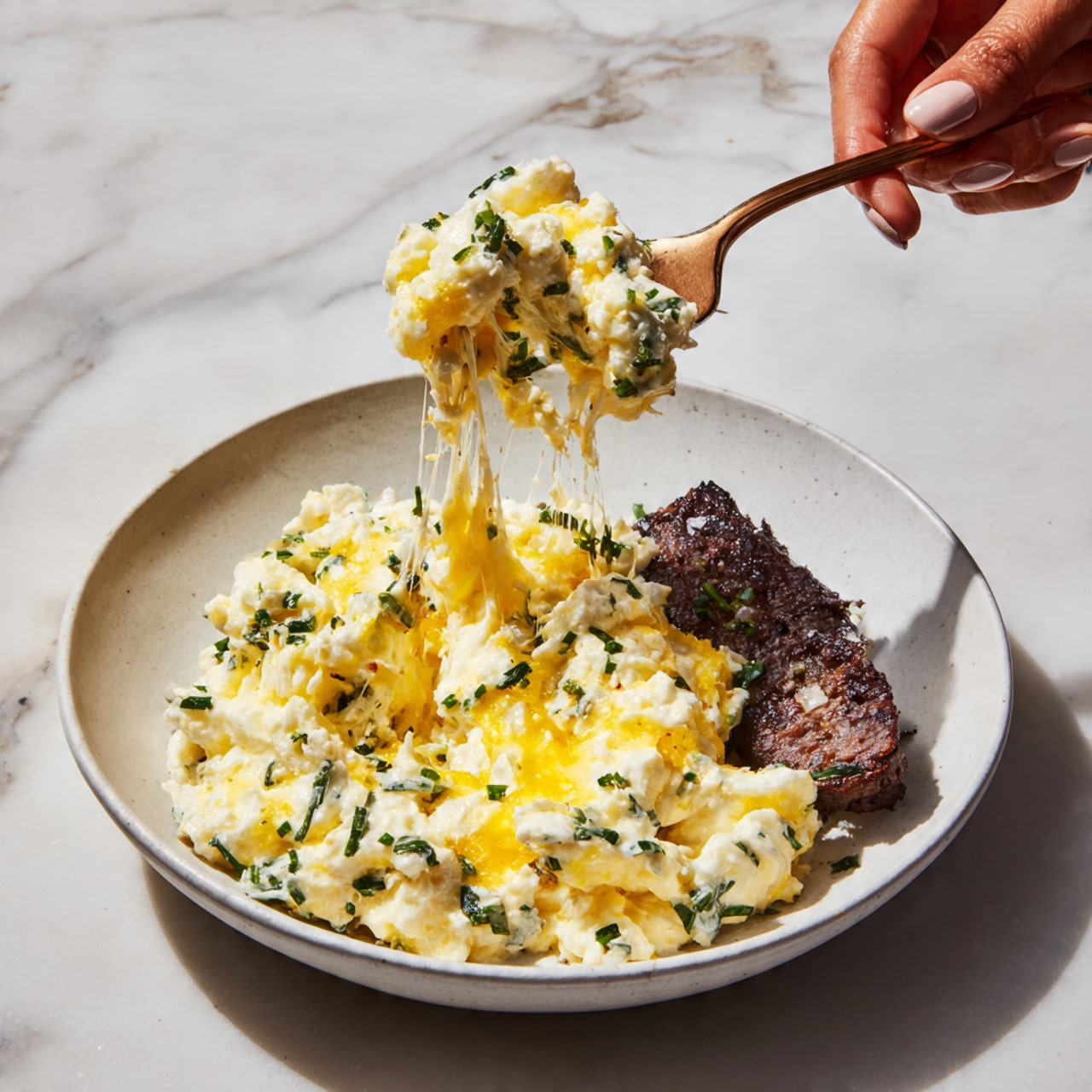 The image shows a close-up of a white plate on a white marbled surface with a mixture of soft, creamy food composed of melted yellow and white cheese with small bits of green vegetables throughout it. A fork lifted by a woman's hand holds a clump of this creamy mix, with cheese stretching from the plate to the fork. To the right on the plate, there is a dark brown cooked piece of meat with a slightly rough texture. The whole scene has a warm light shining from the back, creating a cozy feeling. photo taken with an iphone --ar 4:5 --v 7