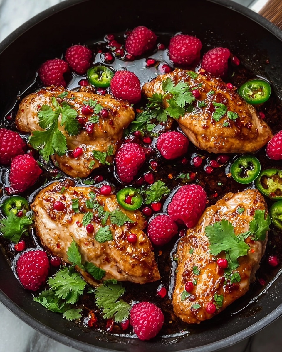 The image shows five pieces of cooked chicken placed in a black pan filled with a dark sauce. Scattered around and on top of the chicken are bright red raspberries and slices of green chili peppers. Fresh green cilantro leaves are used as garnish, adding a pop of color. The chicken pieces have a lightly browned texture with a shiny coating from the sauce, and small red pepper flakes dot the surface. The pan is placed on a white marbled texture. photo taken with an iphone --ar 4:5 --v 7