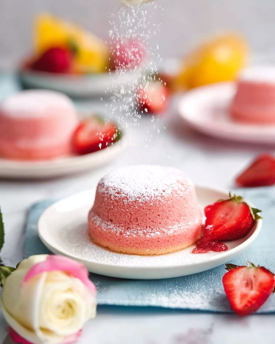 A small pink cake with a smooth texture and slight dome shape sits on a white plate, dusted with a fine layer of white powdered sugar falling from above. The cake has a pale pink bottom edge and a slightly brighter pink top that looks soft and moist. Around the plate are scattered red strawberries and a white rose with pink edges on a light blue cloth. In the background, there are blurred plates each holding similar pink cakes and some yellow and red fruits on a white marbled surface. photo taken with an iphone --ar 4:5 --v 7