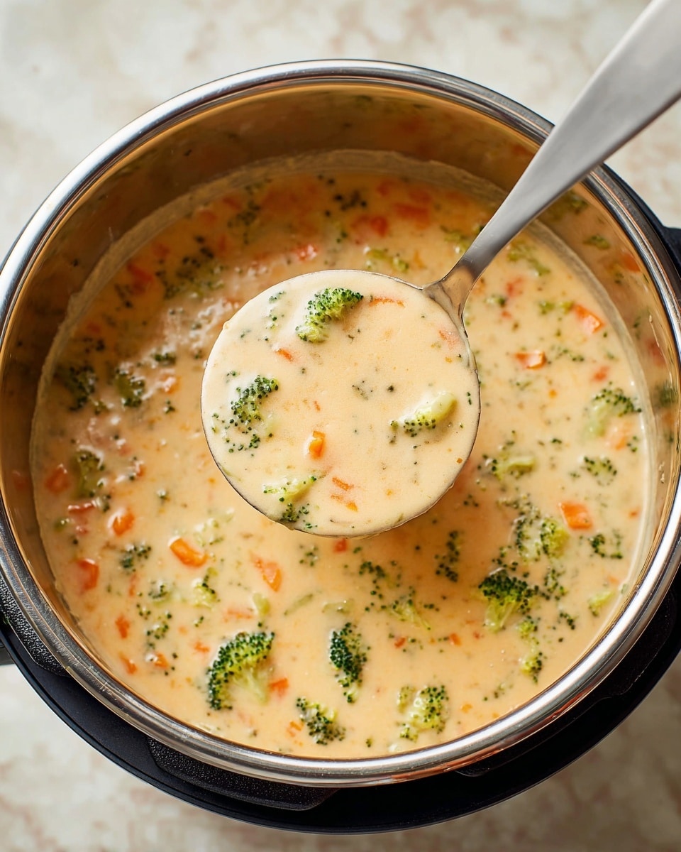 A creamy soup with small pieces of orange carrots and green broccoli florets floating evenly throughout a smooth, light beige base. The soup is thick and ladled with a shiny metal spoon inside a round, stainless steel pot with a black outer rim. The pot sits on a white marbled surface that contrasts softly with the warm colors of the soup. Photo taken with an iphone --ar 4:5 --v 7