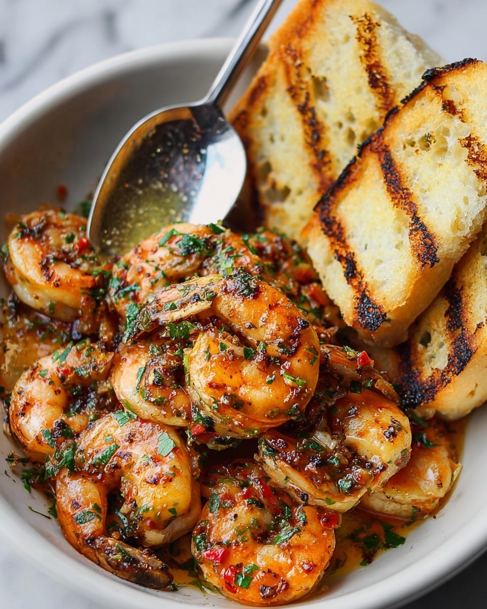 The image shows a close-up of a dish with two main layers. The bottom layer is a pile of cooked shrimp that are orange with charred dark spots and sprinkled with finely chopped green herbs and small bits of red chili. On the right side, there are two pieces of toasted bread with grill marks, light golden-brown in color and slightly crispy in texture. A silver spoon rests on top of the shrimp, shiny and reflecting light, with some herbs and oil on it. The dish is presented on a white plate, placed on a white marbled surface. photo taken with an iphone --ar 4:5 --v 7