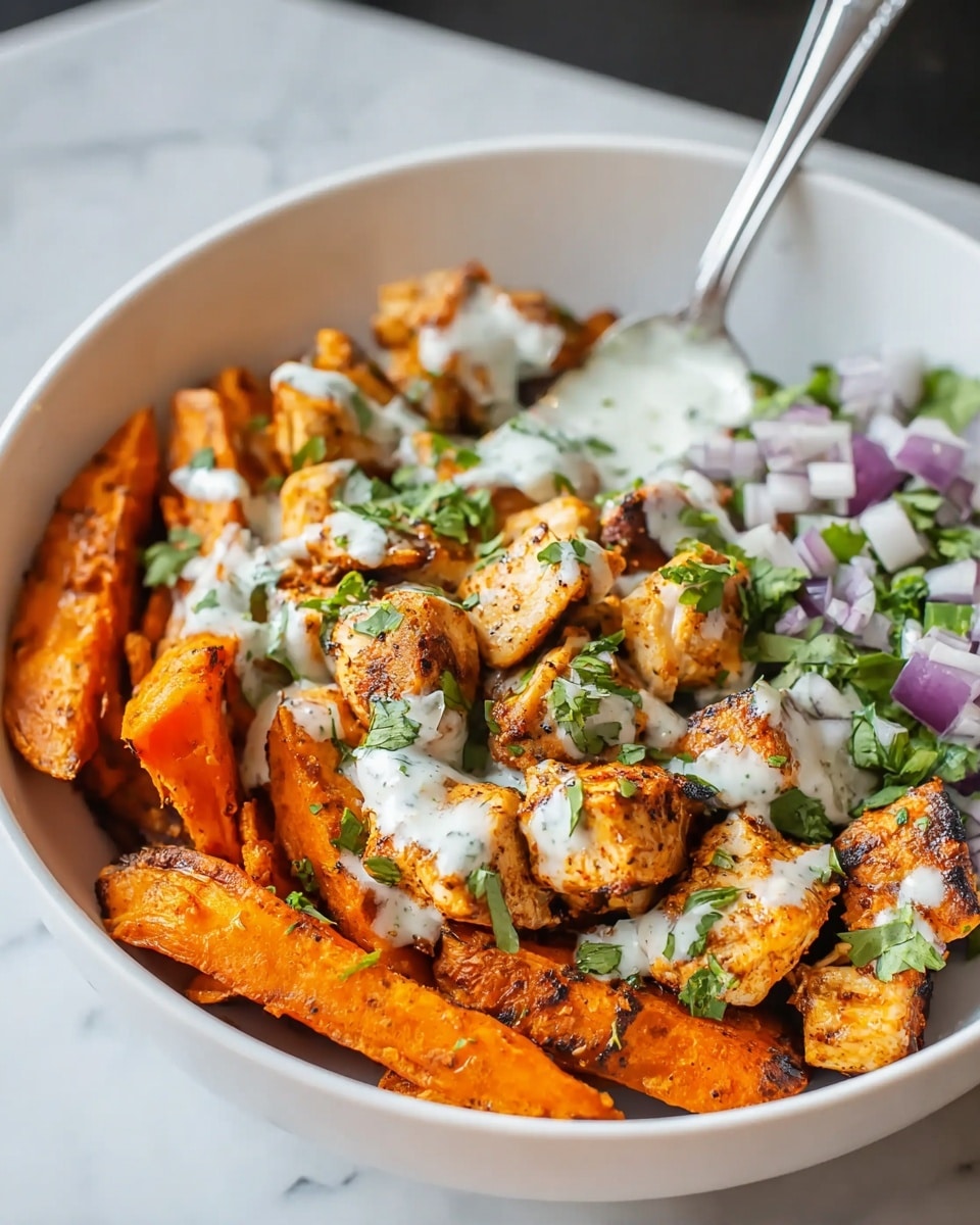 A white bowl filled with three main layers: at the bottom, a mix of shredded green and purple cabbage with sliced green peppers, all coated lightly in a creamy sauce. On top of this is a layer of browned orange chunks of roasted chicken or tofu that have a slightly crispy texture. The dish is finished with a drizzle of a creamy white sauce with specks of herbs, and a small piece of green herb garnish on top. The background shows a white marbled surface with a blurred baking tray containing more of the orange chunks. photo taken with an iphone --ar 4:5 --v 7
