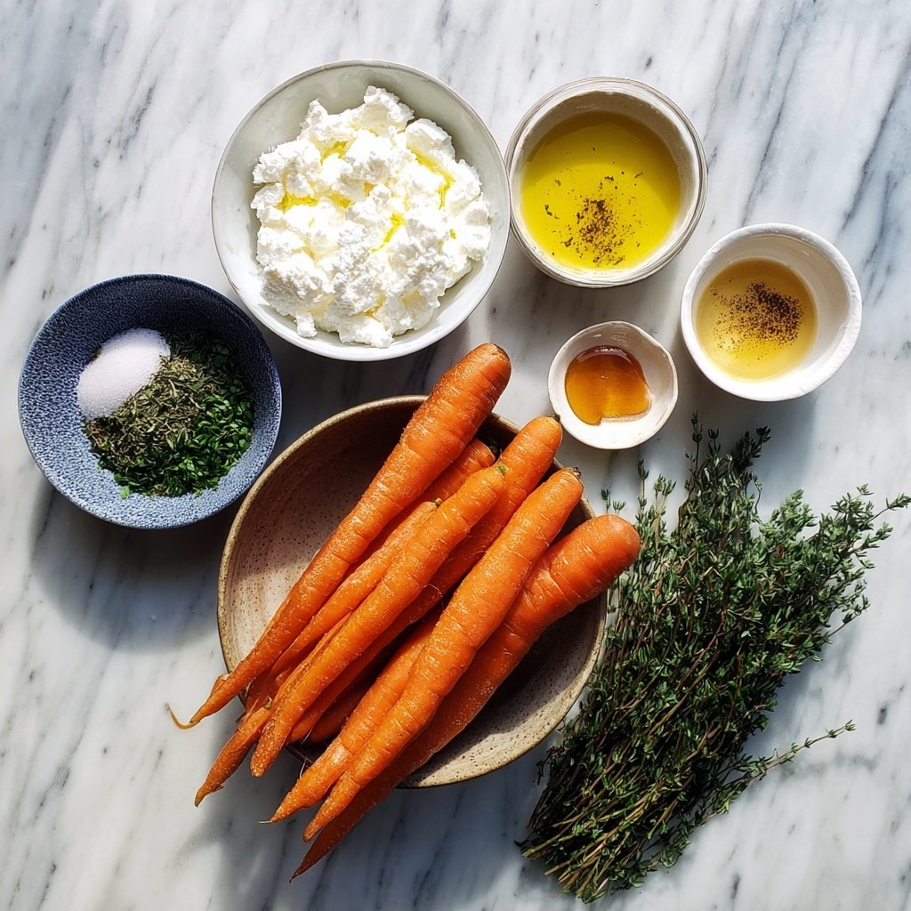 The dish shows a white plate with a thick, creamy white base spread evenly in a circle. On top, there are two layers of bright orange roasted carrot wedges arranged in a slightly overlapping pattern. The carrots have a shiny glaze and are sprinkled with small bits of toasted garlic, cracked black pepper, and tiny green thyme leaves. A light drizzle of golden olive oil pools gently around the edges and over the carrots, adding a rich shine. The plate rests on a white marbled surface, and in the background, there is a gold spoon partly visible. photo taken with an iphone --ar 4:5 --v 7