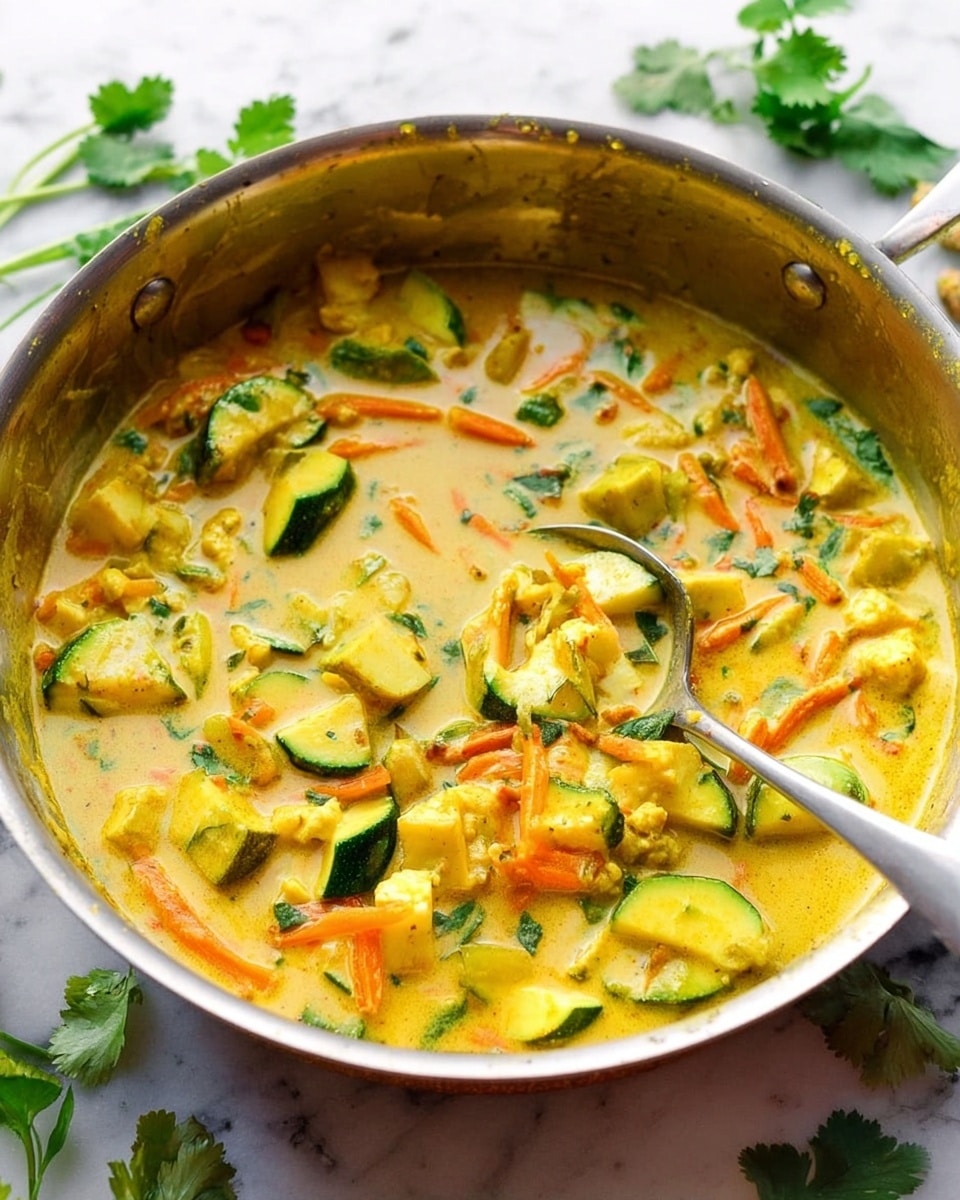 A shiny silver pan filled with a creamy yellow curry. The curry has chunks of light yellow and green vegetables like zucchini and small pieces of white tofu or paneer. Thin orange carrot strips and green herbs float on top, adding color and freshness. A silver spoon with a long handle is inside the pan, resting in the curry. The pan sits on a white marbled surface with some fresh green cilantro leaves around it. Photo taken with an iphone --ar 4:5 --v 7