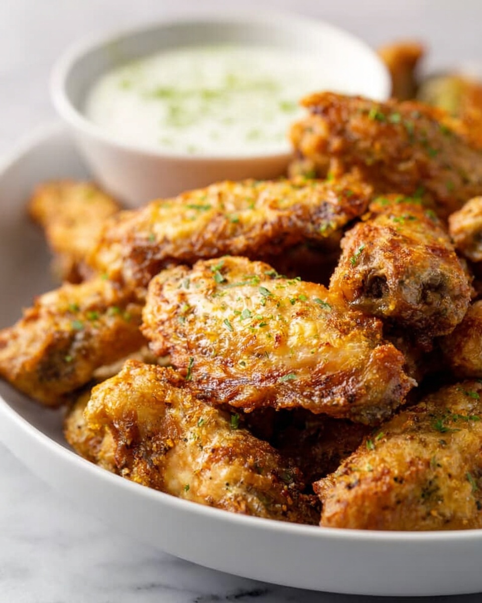 A close-up view of a white bowl filled with golden-brown chicken wings, each with a crispy and textured surface. The wings are layered closely together, some piled on top of others, with small green sprinkles of herbs scattered over them. In the background, a small white bowl contains a light cream sauce with hints of green herbs visible inside. The bowl rests on a white marbled surface, creating a clean and bright setting. The photo taken with an iphone --ar 4:5 --v 7