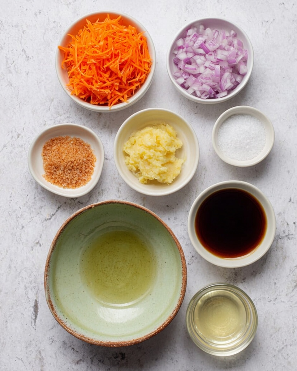 The image shows eight small white bowls placed on a white marbled surface. Each bowl contains a different ingredient: shredded bright orange carrots, finely chopped light purple shallots, coarse white salt, granulated brown sugar, a clear pale yellow liquid, a light yellow thick paste, and a dark brown liquid. A larger empty bowl with a pale green interior and a rustic outer edge is in the center. The bowls are arranged neatly with three at the top, three in the middle around the large bowl, and two at the bottom, all in clear focus and natural light. Photo taken with an iphone --ar 4:5 --v 7