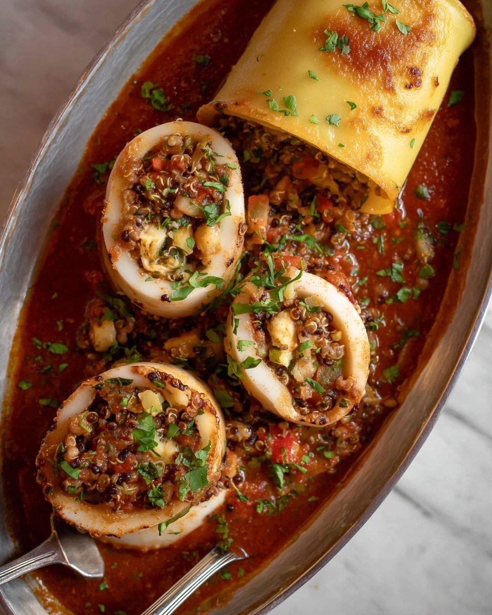 The dish shows a close-up of three round pieces of stuffed squid placed vertically from bottom to middle left, filled with a mix of finely chopped vegetables and grains in beige, red, green, and brown colors. Above them lies a larger piece of rolled stuffed pasta in a light golden yellow color with a slightly crispy texture on top, also filled with a similar stuffing. These items rest on a thick, rich dark red sauce spread across a white marbled surface, sprinkled lightly with fresh green herbs. A silver fork and spoon rest on the edges of the dish, partially visible. photo taken with an iphone --ar 4:5 --v 7