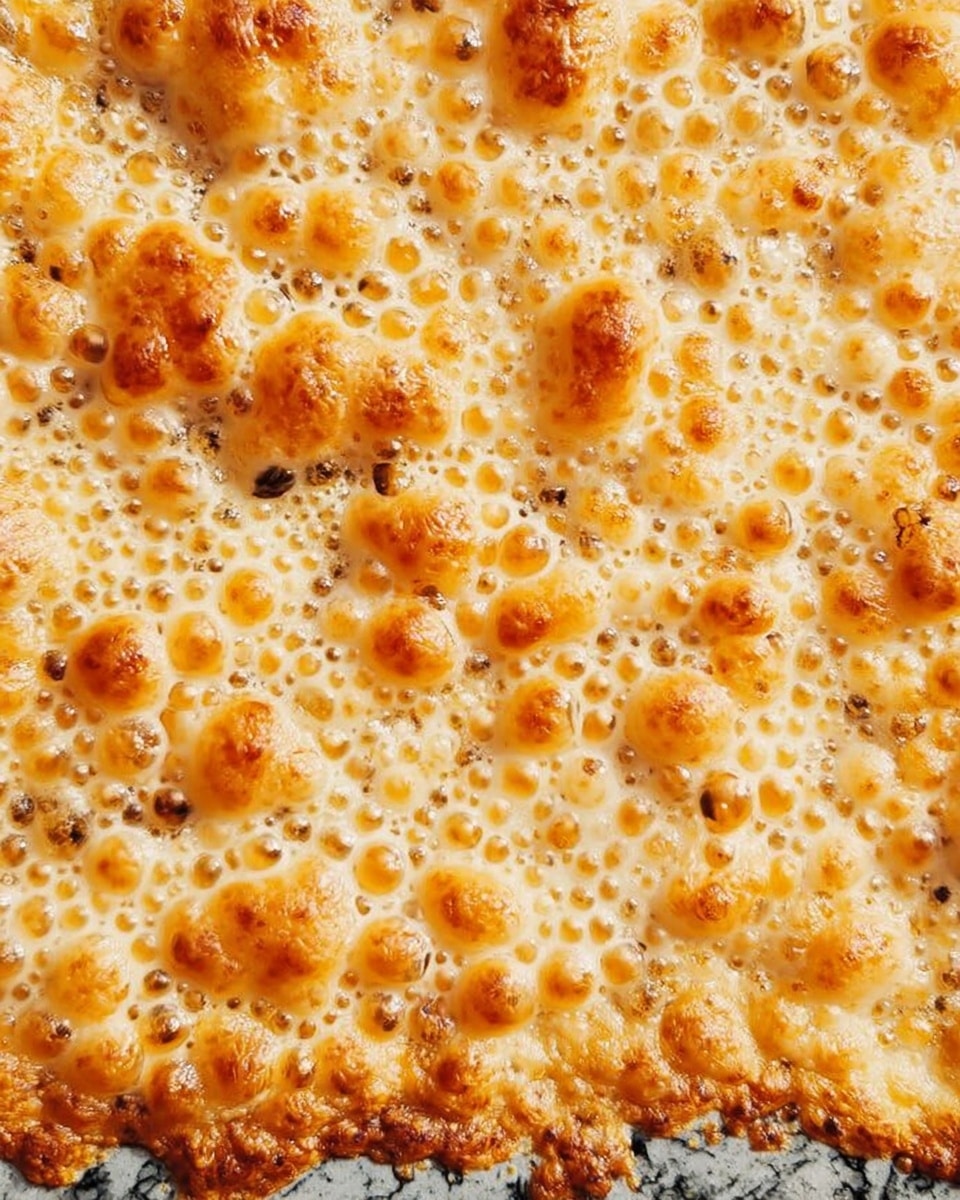 The image shows a close-up view of melted cheese that is bubbly and golden brown on top. The cheese layer is thick with different-sized bubbles creating a textured surface. The melting cheese covers most of what looks like a cooked base with some dark spots peeking through. The color is mainly light orange with some parts turning a darker golden brown from cooking. The background is a white marbled surface. photo taken with an iphone --ar 4:5 --v 7
