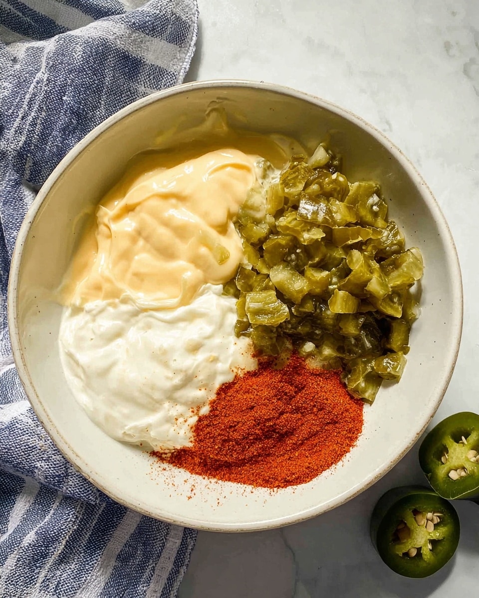 A white bowl holds four distinct layers of ingredients side by side without mixing. The top left layer is a smooth, pale yellow creamy sauce with a glossy texture. Below it, there is a thick white creamy layer that looks rich and dense. To the right, there is a loose pile of chopped green pickles with a slightly shiny and wet look. Next to the pickles, there is a vibrant reddish-orange spice powder, finely granulated with a soft texture. The bowl sits on a white marbled surface with a blue and white striped cloth partially underneath on the left side. A sliced jalapeno pepper is visible on the bottom right corner of the surface. Photo taken with an iphone --ar 4:5 --v 7