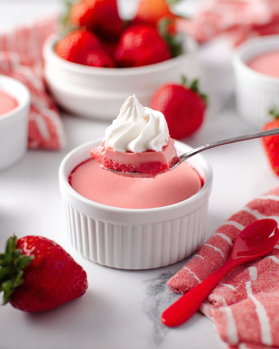 A small white ramekin holds a pink pudding dessert with two visible layers: a smooth darker pink top layer and a lighter pink bottom layer. A silver spoon lifts a portion showing these layers clearly, topped with a small swirl of white whipped cream. Around the ramekin are bright red strawberries, some whole and one partly hidden at the back. A red spoon and a red and white cloth are placed on a white marbled surface nearby. In the background, there are two white bowls, one filled with strawberries and the other with more pink pudding. The scene is bright and clean. photo taken with an iphone --ar 4:5 --v 7