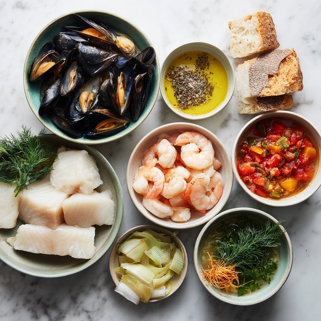 The image shows a bowl of seafood soup served in a white bowl with dark handles placed on a white plate, sitting on a white marbled surface with a dark blue cloth nearby. The soup has a rich orange broth, filled with large pieces of white fish with slight grill marks, pink shrimp, and black mussels with their shells open. The seafood sits on top of the broth, garnished with finely chopped green herbs. In the blurry background, there is a glass of white wine and a small bowl with lemon slices. Photo taken with an iphone --ar 4:5 --v 7