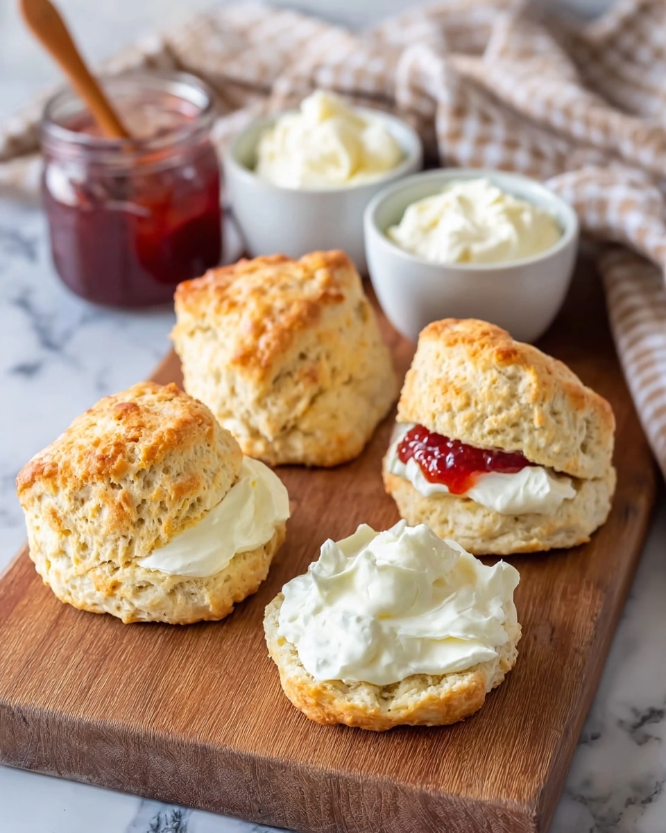 The image shows four golden-brown scones with a soft and crumbly texture placed on a wooden board. Two of the scones are split into halves and filled with a thick layer of smooth white cream inside. Behind the scones, there is a small white bowl filled with more white cream and another white bowl containing bright red jam, both placed on a white marbled surface. A glass jar with a metal clasp is partially visible, filled with red jam and a wooden spoon inside it. The whole setup is bright and warm, with natural light highlighting the soft textures of the scones and cream. Photo taken with an iphone --ar 4:5 --v 7