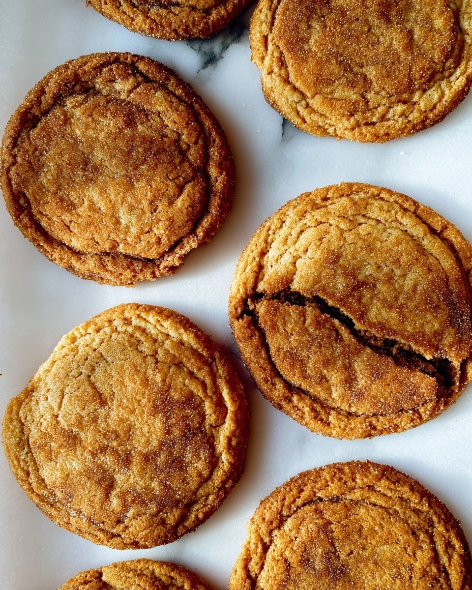 The image shows six round cookies on white parchment paper placed on a white marbled surface. The cookies are golden brown with a slightly darker, cracked top texture, and one cookie has a visible split on its right side. Each cookie has a thin, crispy edge, and the surface looks uneven with small spots of darker brown. The cookies are arranged close together, filling the frame of the image. photo taken with an iphone --ar 4:5 --v 7