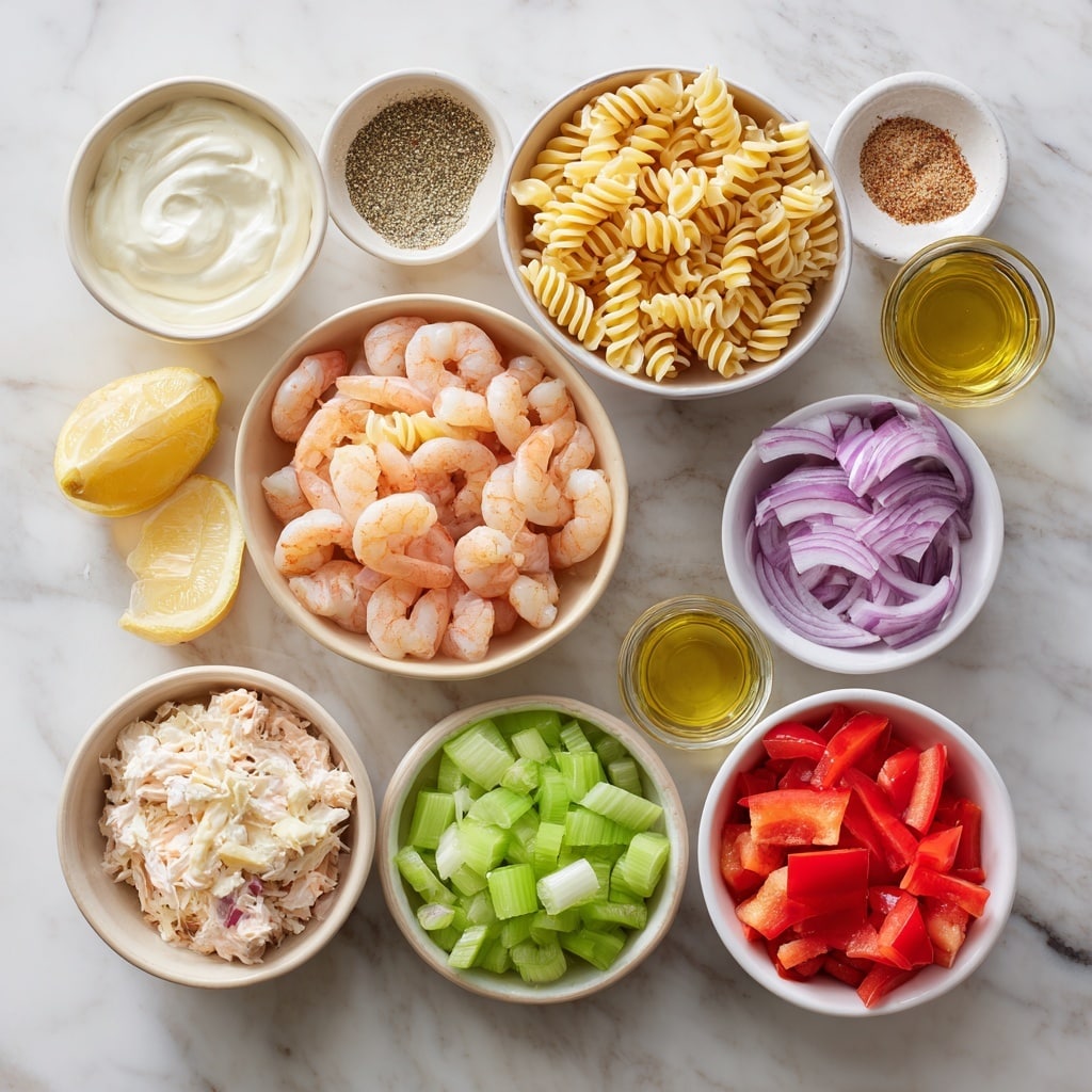 A bowl of creamy pasta with shrimp sits on a white marbled surface. The pasta is light yellow and spiral-shaped, mixed evenly with juicy pink shrimp that have a slight shine. Scattered among the pasta and shrimp are small pieces of red bell pepper. The dish is topped with small bits of fresh green parsley and sprinkled with black pepper, adding contrast to the cream color of the sauce coating everything. The bowl is white with a rustic, slightly worn edge, and a blue and white striped cloth is partly visible beneath it. photo taken with an iphone --ar 4:5 --v 7