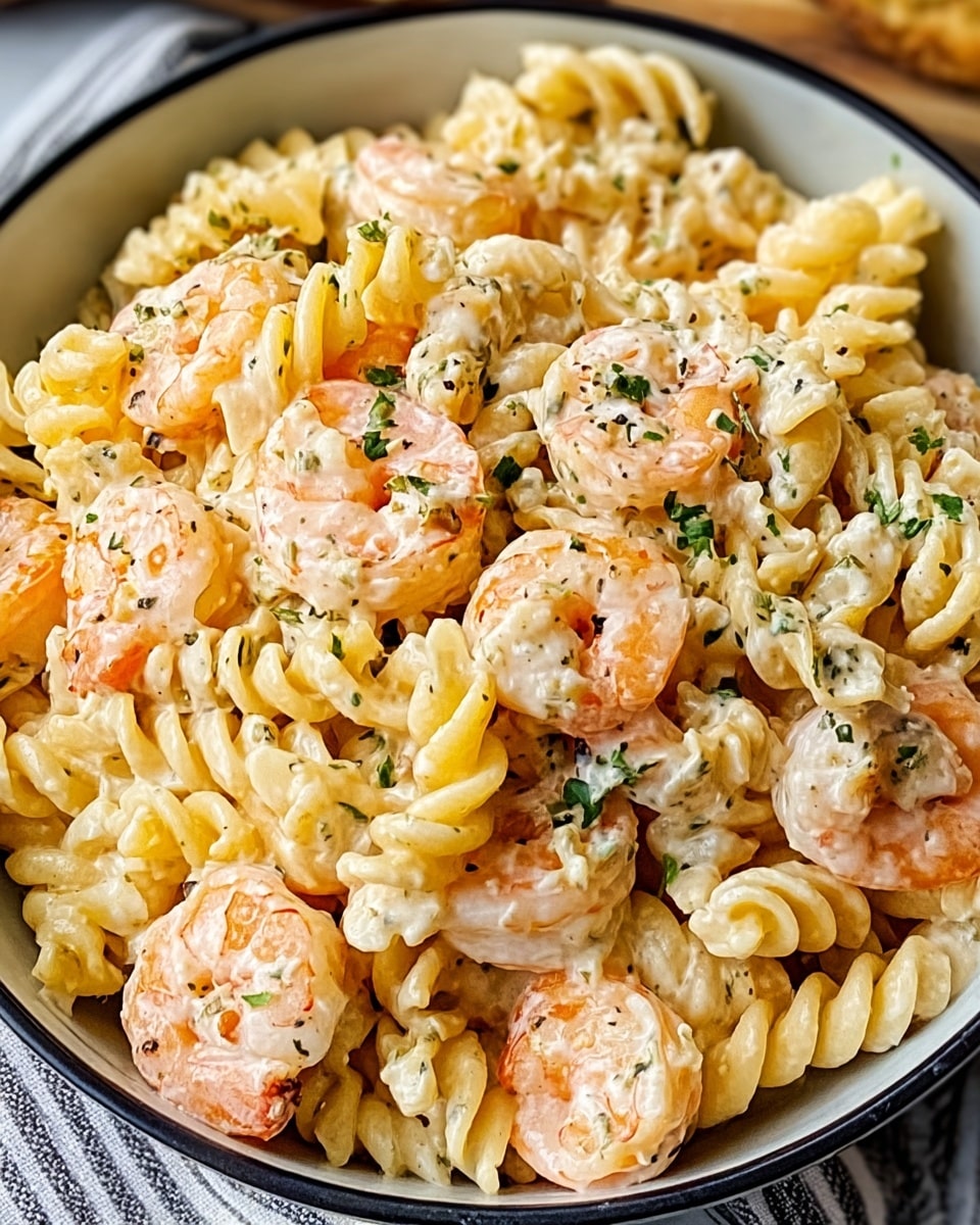 A bowl filled with creamy rotini pasta, light yellow in color, mixed with several plump, pink and white shrimp spread evenly throughout. The pasta and shrimp are coated in a pale, creamy white sauce with visible green herb flakes scattered on top. The bowl is white with a dark rim and is placed on a white marbled surface with a striped cloth partially visible underneath. The image shows a close-up view with the pasta and shrimp filling the frame, highlighting the creamy texture and fresh herbs. photo taken with an iphone --ar 4:5 --v 7