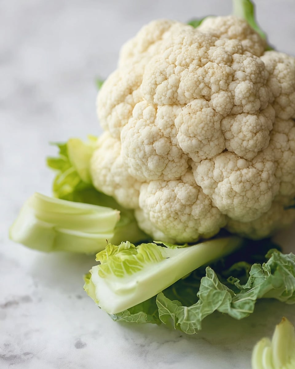 The image shows a fresh cauliflower head with tightly-packed, creamy white florets forming a bumpy texture on top, occupying the upper right part of the frame. Beneath it, a few light green curly leaves spread around the base, showing some leaf veins and softer edges. The whole arrangement sits on a white marbled surface with subtle gray veining in the background, creating a clean, natural look. The scene feels soft and fresh with gentle lighting highlighting the cauliflower's texture and details. Photo taken with an iphone --ar 4:5 --v 7