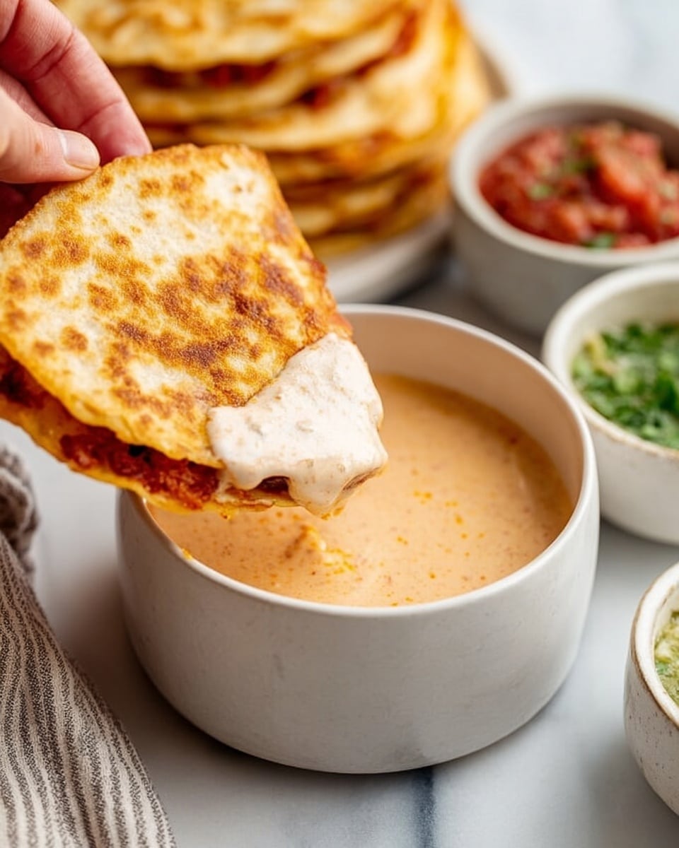 A woman's hand is holding a folded, light golden-brown quesadilla with a slightly crispy texture, dipping it into a smooth, creamy, pale orange sauce in a white bowl. The quesadilla shows some reddish filling peeking out near the edge. Surrounding the bowl are other small white bowls containing a green sauce and a chunky red salsa. The scene is set on a white marbled surface with a soft striped cloth nearby. Photo taken with an iphone --ar 4:5 --v 7