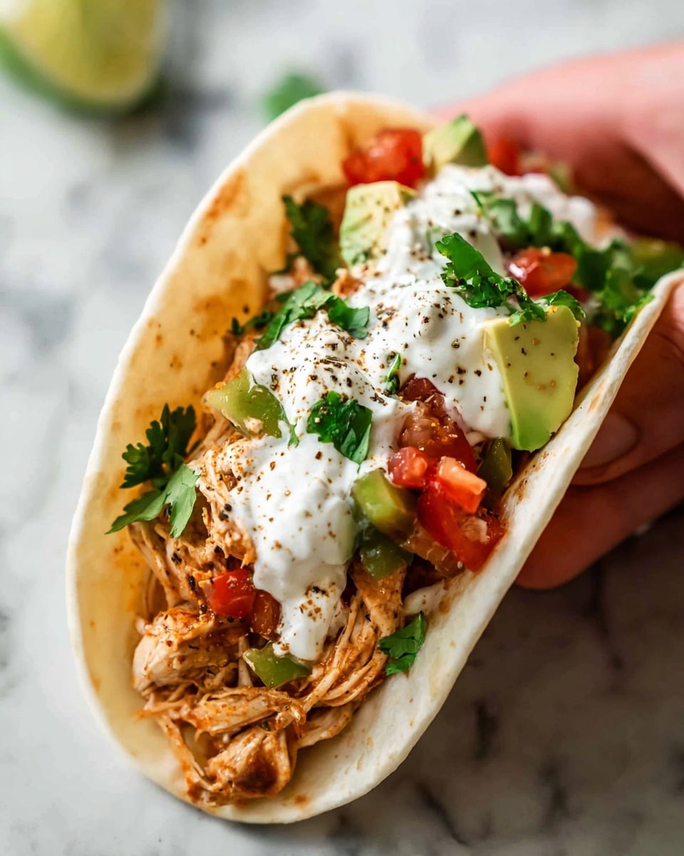 A soft, white tortilla taco filled with shredded, seasoned chicken at the bottom layer, topped with small diced red tomatoes mixed with green bell peppers and onions. Above this is a thick layer of white sour cream sprinkled with black pepper, followed by green cilantro leaves and a few chunks of avocado on top. A woman's hand is holding the taco from the right side against a white marbled surface in the background. photo taken with an iphone --ar 4:5 --v 7