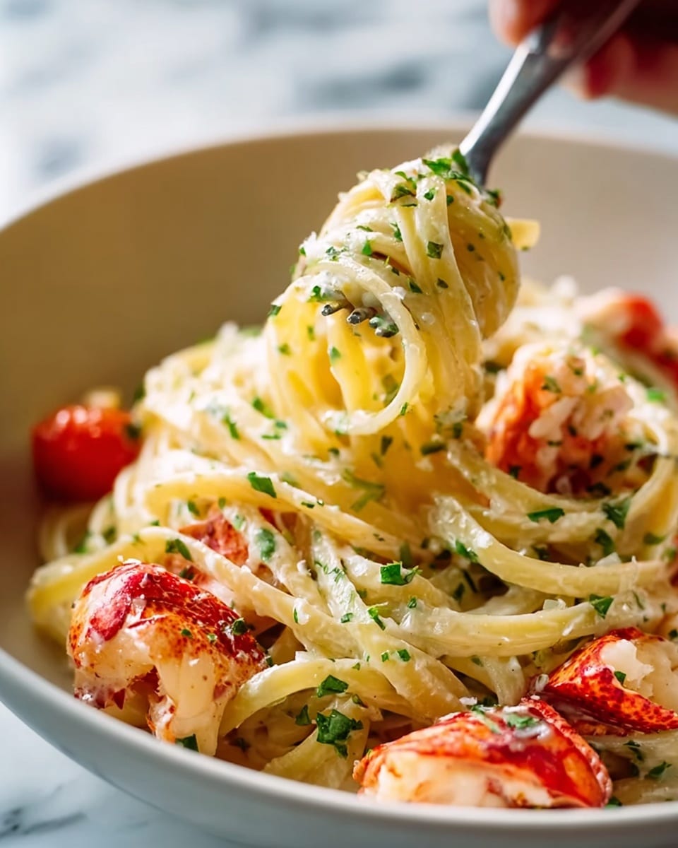 A white bowl filled with thick creamy spaghetti strands twisted around a fork held by a woman's hand. The pasta is coated in a smooth white sauce with small green herb sprinkles. Around the pasta are bright red cherry tomatoes and tender pieces of lobster meat that have a mix of white and red color. The ingredients look fresh and slightly glossy, with a white marbled surface underneath the bowl. photo taken with an iphone --ar 4:5 --v 7