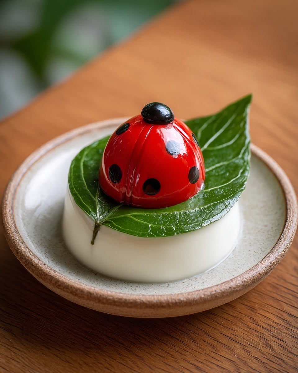 The image shows a small round dish with three layers. At the bottom is a layer of smooth white cream spread in a circular shape. On top of this cream is a fresh bright green leaf, placed flat. Positioned on the leaf is a shiny half of a red cherry tomato, which is decorated with small black drops arranged like the spots on a ladybug's back. A small black olive piece is placed at the back of the tomato, resembling the ladybug's head. The whole dish sits on a wooden surface. photo taken with an iphone --ar 4:5 --v 7
