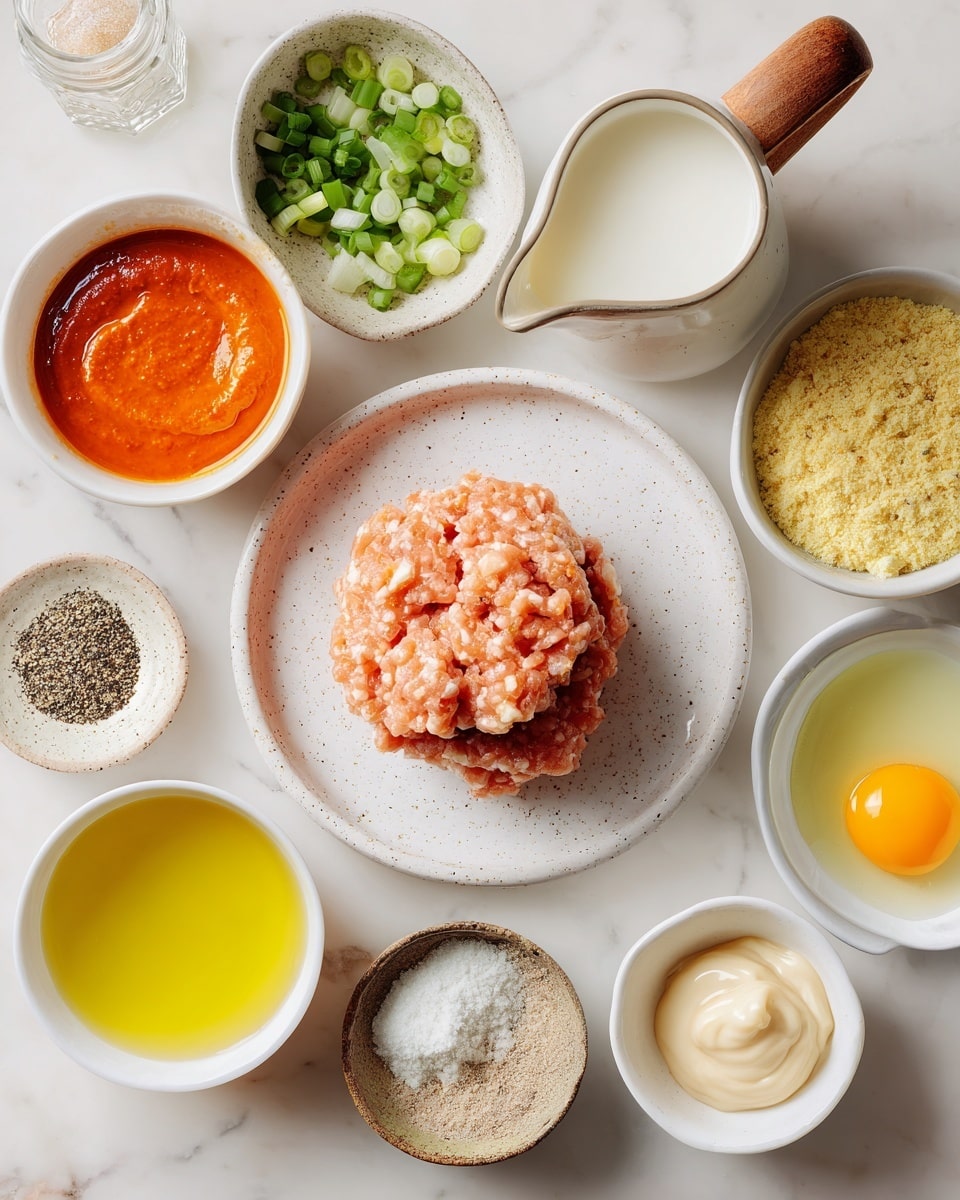 A white speckled plate sits in the center holding two stacked layers of light pink ground chicken with a soft texture. Around the plate are small white bowls holding various ingredients: a bright orange buffalo sauce with a smooth texture, a yellow lemon juice, a golden yellow butter, and almond flour that is light beige and powdery. Another white bowl contains creamy white plant-based milk with a wooden handle. Other ingredients include a dark amber-colored vinegar, chopped green onions with rich green colors, finely chopped white onion pieces, a bright yellow egg yolk with a translucent white egg white beneath it, a beige mayo with a smooth creamy texture, ranch seasoning that is off-white with specks, garlic and onion powder as a pale beige powder, and salt and pepper mixed with small black and white granules. The whole setup is on a white marbled surface, photo taken with an iphone --ar 4:5 --v 7
