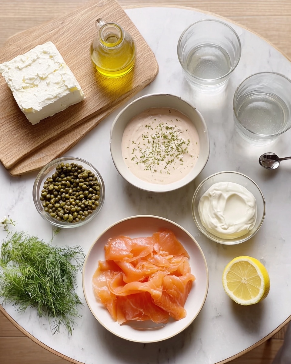 The image shows several ingredients laid out on a round wooden table with a white marbled background. At the bottom left, there is a white bowl filled with thin, orange-pink slices of smoked salmon. Near the center, a small clear glass bowl holds green capers. To the right, a small white bowl contains white cream, and next to it is half a lemon showing its yellow inside. Above the capers is a white bowl with light pink creamy sauce, sprinkled lightly with herbs. To the left, a wooden board holds a block of white cream cheese on a small white plate. A small glass bottle of golden olive oil sits to the left of the pink sauce. Near the top right corner, a clear glass with water is placed next to a small metal spoon. Fresh green dill is in a clear small bowl near the lemon. The overall look is clean and organized. Photo taken with an iphone --ar 4:5 --v 7