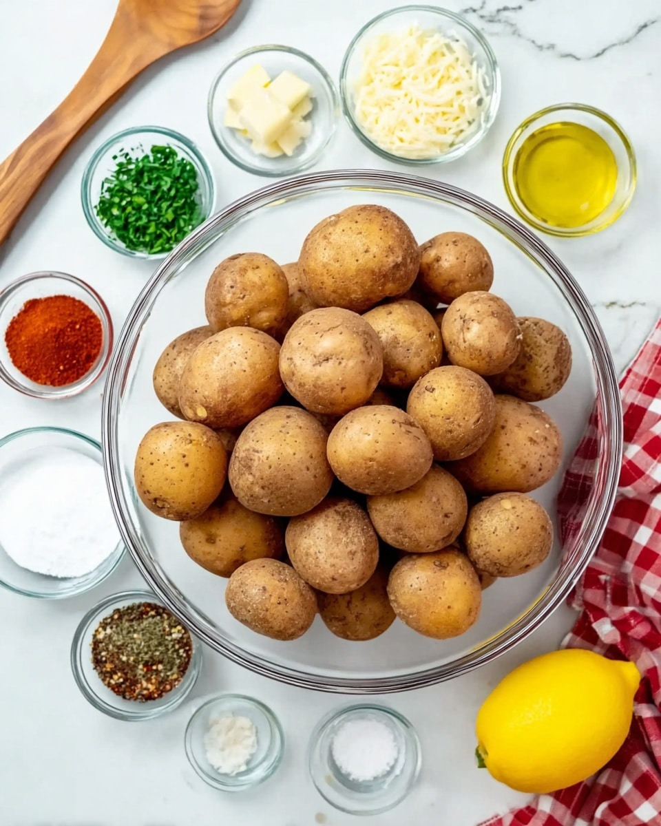 The image shows a large clear glass bowl filled with many small, round, brown potatoes with a slightly rough texture. Around this bowl, there are smaller clear glass bowls arranged in a circle, each holding different ingredients: finely chopped green herbs, grated white cheese, bright red spice, black pepper, a white powder, and a yellow liquid oil. A whole, bright yellow lemon is also on the white marbled surface near the bowls. A wooden spoon and a red and white checkered cloth are partly visible on the edges of the image. The overall setup is clean and bright with a white marbled background. photo taken with an iphone --ar 4:5 --v 7