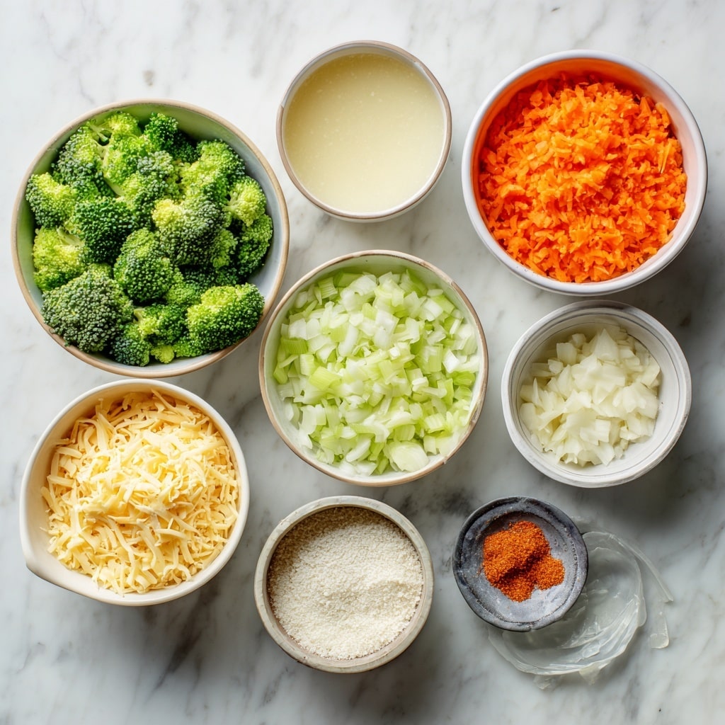 The image shows a top view of nine containers with different cooking ingredients placed neatly on a white marbled surface. At the center bottom, there is a white bowl full of fresh green broccoli florets, their texture dense and bumpy. To the left above it, a white bowl holds bright orange shredded cheddar cheese with thin, uneven strips. Above that, a small white dish contains three piles of spices: black pepper, red chili powder, and white salt arranged side by side. On the right side next to the broccoli, a white bowl has shredded carrots, displaying long, thin, orange strands. Below that, a clear glass measuring cup with water shows liquid reflections. At the bottom left, there is a large glass measuring cup filled with dark golden broth that looks smooth. Next to it are small white bowls with chopped white onions, small cubes of pale yellow butter, and minced garlic with a slightly moist texture. On the right side near the center, there is a small white bowl filled with white flour with a powdery texture, and beside it another glass measuring cup holds white heavy cream. Everything is placed carefully and clearly visible for easy identification photo taken with an iphone --ar 4:5 --v 7
