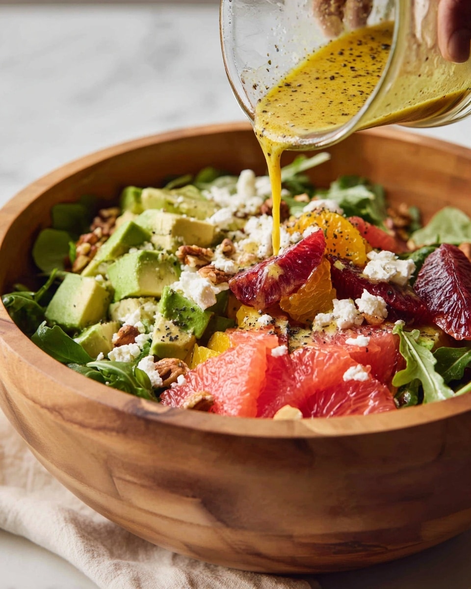 A white bowl holds a colorful salad arranged in layers, starting with a base of green arugula leaves. On top of this, there are several sections: bright green avocado cubes on the left, fresh red grapefruit pieces next to it, and vibrant dark red blood orange slices towards the center. In the middle, there is a round mound of cooked quinoa with a light brown color, sprinkled with pistachio nuts. Next to the quinoa on the right side are bright orange slices. White crumbled cheese dots the whole salad, scattered evenly across the layers, with more pistachio nuts sprinkled around. The textures range from soft avocado and cheese to crunchy nuts and juicy citrus. The whole image is set on a white marbled surface. photo taken with an iphone --ar 4:5 --v 7