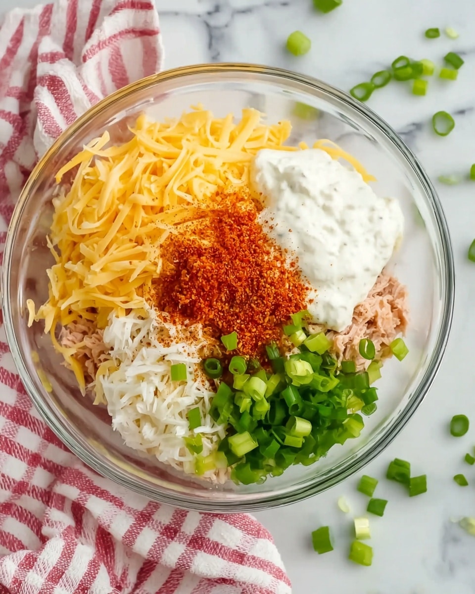 A clear glass bowl sits on a white marbled surface with a pink and white striped cloth beside it. Inside the bowl, there are five main layers: shredded yellow cheese on the top left, white creamy sour cream on the top right with a small pile of reddish-orange spice on it, finely chopped green onions in the bottom center, light pink shredded tuna filling the bottom left area, and another white creamy ingredient in the top center behind the green onions. A few scattered pieces of green onion are also visible around the bowl. Photo taken with an iphone --ar 4:5 --v 7