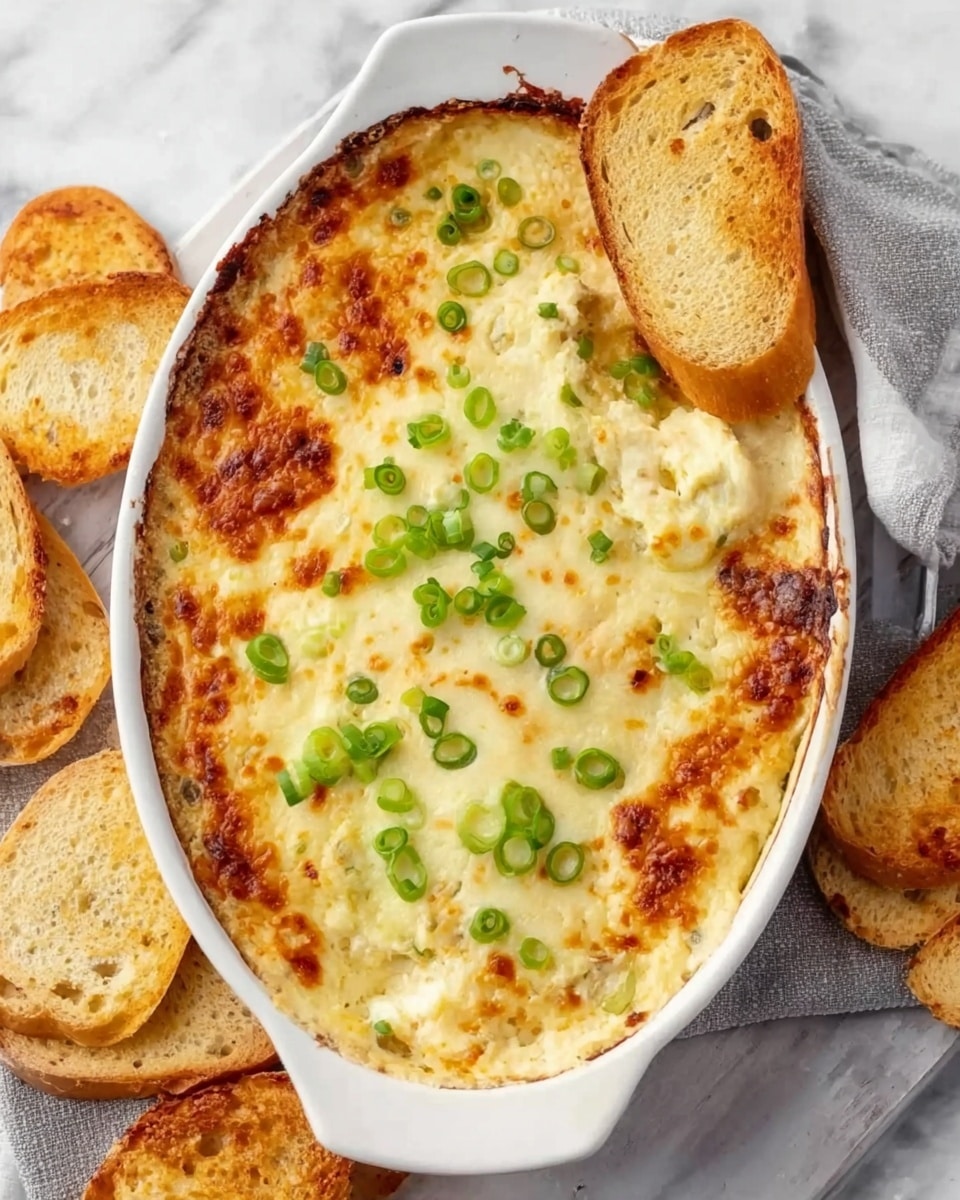 The image shows an oval white ceramic baking dish filled with a top golden, bubbly layer of melted cheese, garnished with small round slices of green onion scattered over the surface. The cheese layer is rich and slightly browned around the edges, creating a crispy texture. Resting on the edge of the dish in the top right corner is a piece of toasted bread with a light brown, crunchy crust and soft inside. The dish is placed on a white marbled surface, with more pieces of toasted bread around it. A woman's hand is not visible in the image but the setting suggests a cozy, inviting snack. photo taken with an iphone --ar 4:5 --v 7