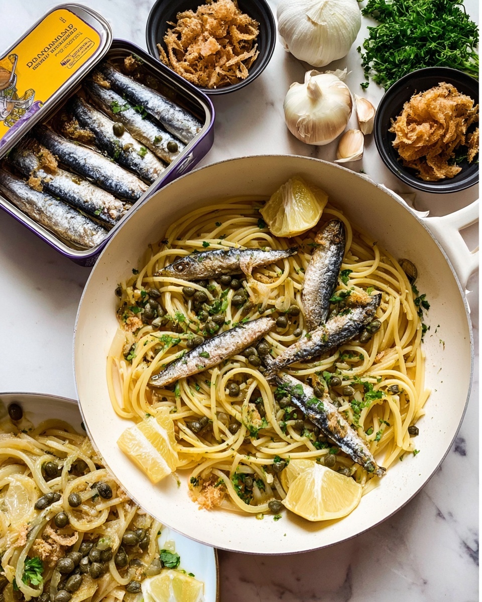 The image shows a white pan filled with spaghetti pasta mixed with small whole sardines, garnished with green herbs and triangular lemon slices on top. The noodles are light yellow with a smooth texture, scattered evenly throughout the pan. Around the pan, on a white marbled surface, there is a small black bowl containing browned crispy crumbs. To the side, a close-up shows sardines cooking in the same white pan with lemon wedges and small green capers, the little fish silvery with a slightly browned texture. Above this, there is an arrangement of ingredients on a white marbled surface, including an opened can of sardines showing tightly packed golden sardines in oil, fresh green parsley, a whole onion with its skin, a bowl of green capers, a clove of garlic, and some golden browned crispy crumbs. photo taken with an iphone --ar 4:5 --v 7