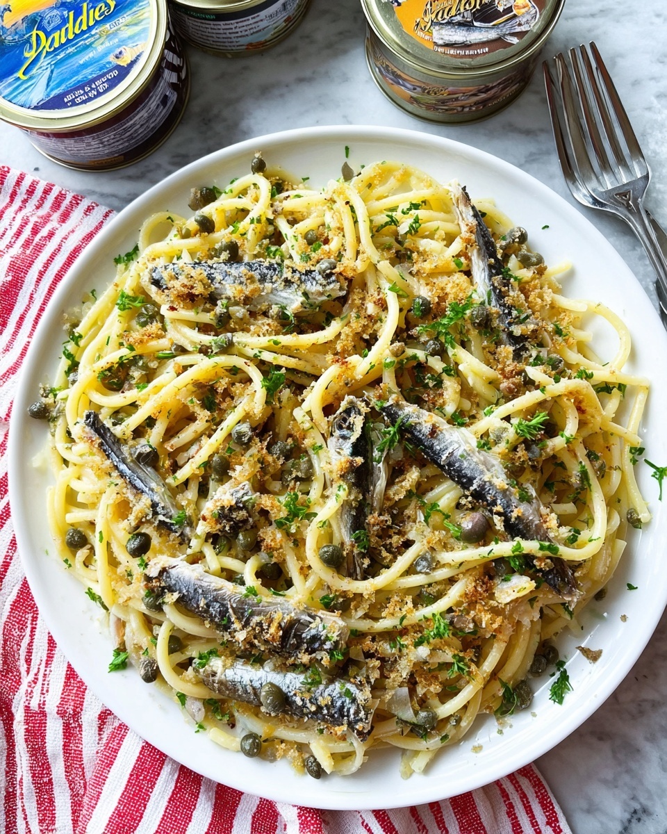 A white plate holds a serving of spaghetti mixed with whole small sardines scattered throughout. The pasta is light yellow with a glossy texture and is topped with finely chopped green herbs and small green capers. There are breadcrumbs toasted to a golden brown sprinkled over the pasta and fish, adding a crunchy texture. The dish is set on a white marbled surface with a striped red and white cloth underneath, and two sardine tins are visible in the background near a silver fork. photo taken with an iphone --ar 4:5 --v 7