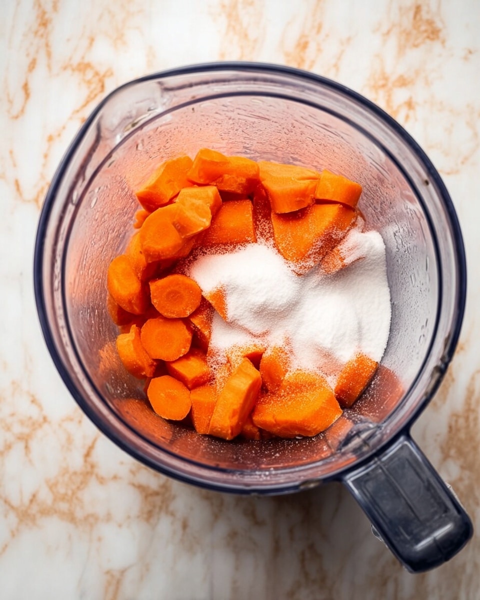 The image shows a clear blender container placed on a white marbled surface. Inside the blender, there are several small, bright orange carrot pieces filling about half of the container. On top of the carrots, there is a white powdery substance, likely sugar, slightly piled in the middle. The blender container has a handle on the right side, and the photo is taken from above, focusing on the contents inside. photo taken with an iphone --ar 4:5 --v 7