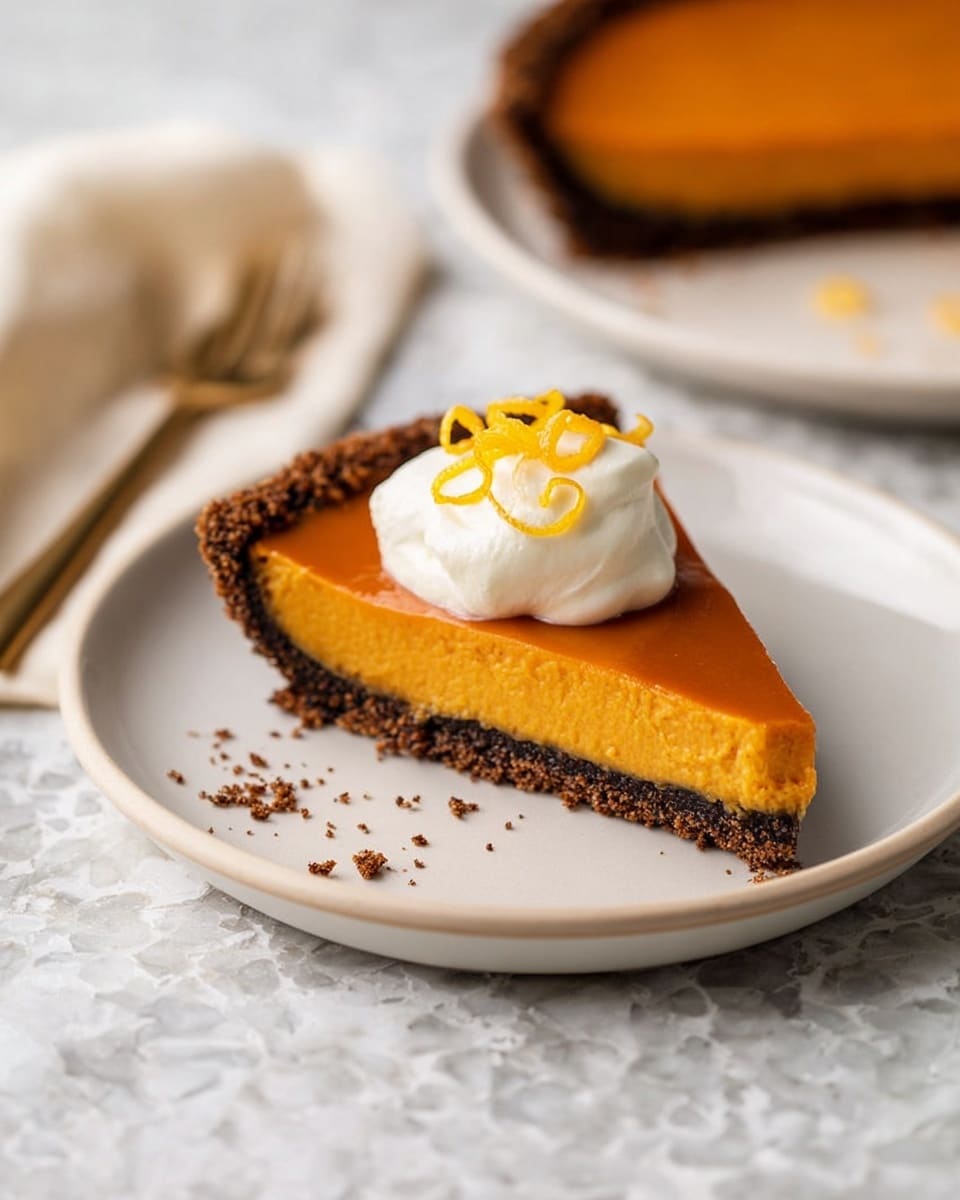 A white plate holds a single slice of pumpkin pie with three layers: a dark brown crumbly crust at the bottom, a thick bright orange smooth filling in the middle, and a thin darker orange glossy top layer. On top of the pie slice, there is a dollop of white whipped cream with two light orange curly pumpkin peel pieces placed on it. Some crumbs are scattered near the pie on the plate. The background is a white marbled texture with another similar pie slice on a white plate blurred in the background. A cream-colored napkin and a golden fork are partially visible on the left side. photo taken with an iphone --ar 4:5 --v 7
