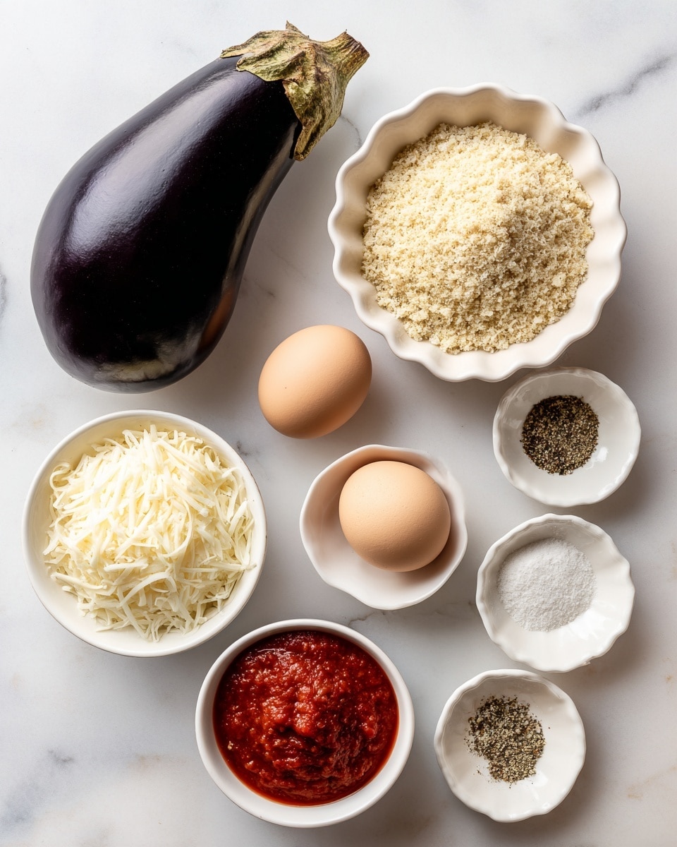 Four small round pieces of breaded eggplant are placed in a black air fryer basket. Each eggplant piece is topped with a layer of bright red tomato sauce, followed by a thick layer of melted white cheese that is slightly browned in spots. The cheese has a creamy texture with golden patches, covering the tomato sauce almost fully. The dark metal air fryer basket contrasts with the colors of the food, and a silver wire is visible between the eggplants. The photo is taken on a white marbled surface. photo taken with an iphone --ar 4:5 --v 7