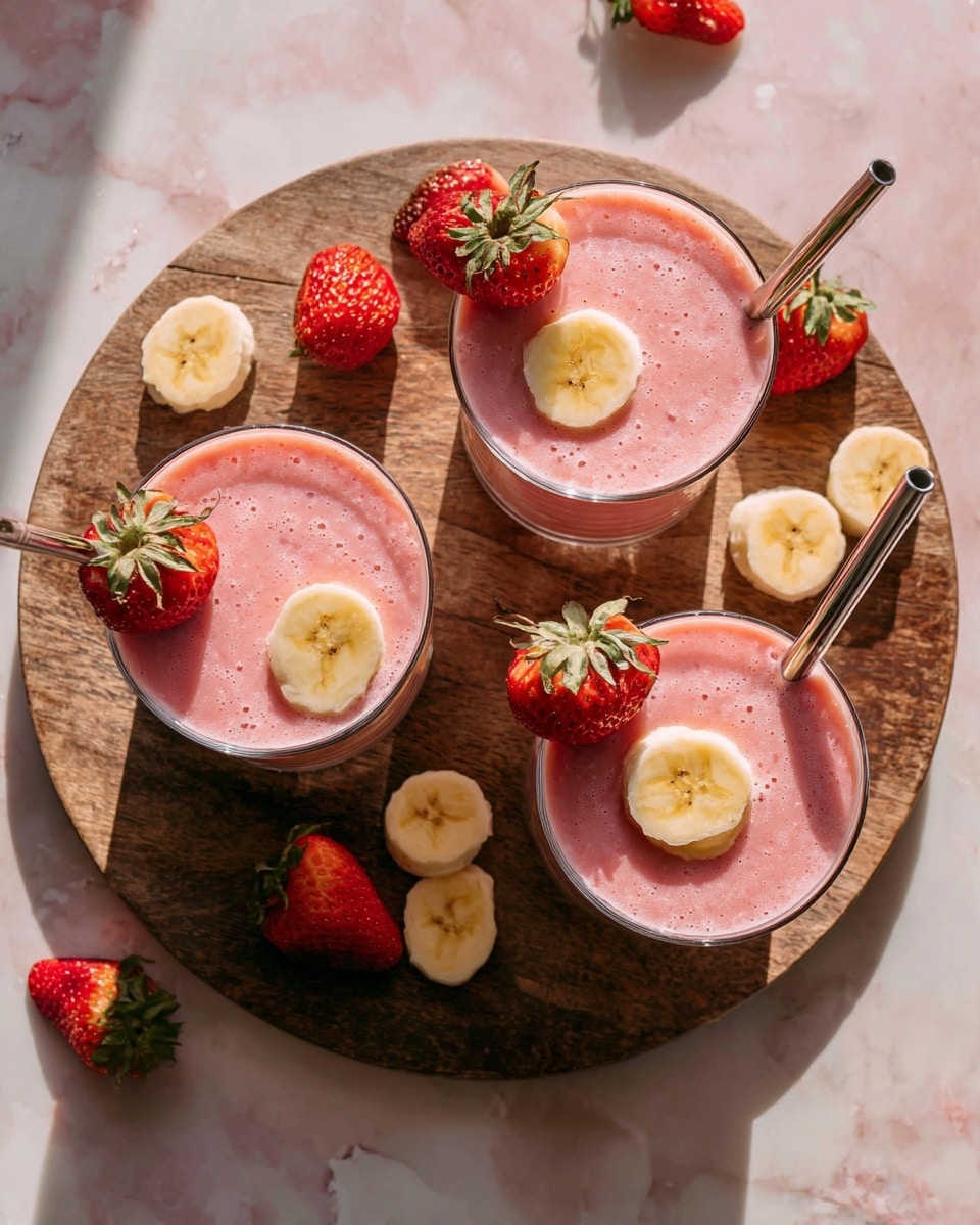 Three glasses filled with a smooth, pink smoothie are placed closely on a round wooden board. Each glass has a thick layer of pink smoothie with a slice of banana floating on top, and two of the glasses are garnished with a half strawberry along the rim. Fresh whole strawberries and extra banana slices lie scattered on the white marbled surface around the board. One glass has a silver metal straw inserted in it. The overall scene is bright with natural light. Photo taken with an iphone --ar 4:5 --v 7