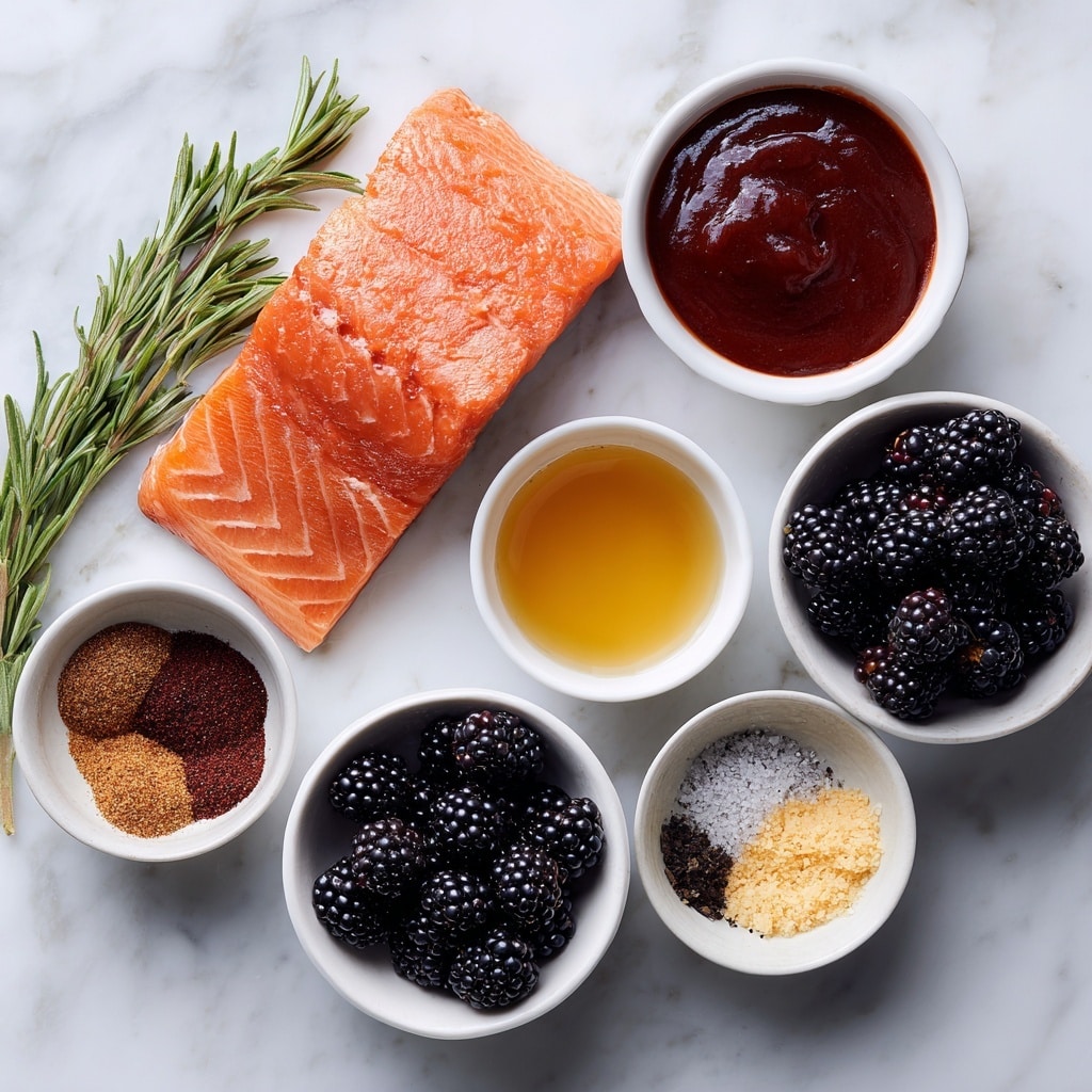 A roasted piece of salmon is topped with a thick, dark purple-blackberry sauce that is spread evenly across the fish, with whole blackberries placed on top and sprinkled with small green rosemary needles. The salmon rests on a rustic metal tray which is placed on a white marbled surface. There is also a small fresh rosemary sprig next to the salmon on the tray, adding a fresh green color contrast. The sauce slightly drips off the fish, creating deep red-purple streaks on the tray photo taken with an iphone --ar 4:5 --v 7
