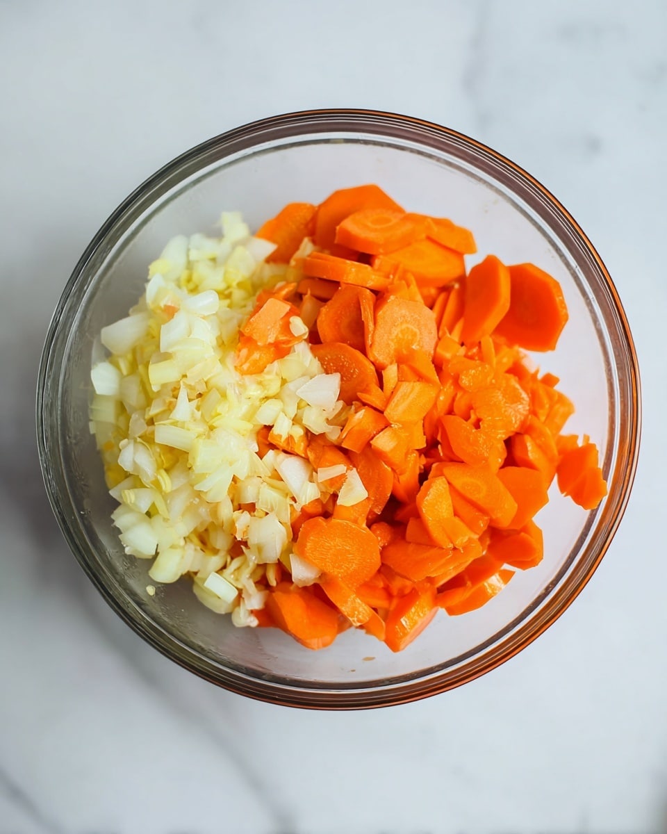 A clear glass bowl holds two layers of chopped vegetables placed on a white marbled surface. The bottom layer is small, pale yellow and white pieces with a soft texture, while the top layer consists of thicker, bright orange carrot slices that have a smooth yet firm look. The vegetables are evenly spread but not mixed, clearly showing the difference in color and texture. Photo taken with an iphone --ar 4:5 --v 7