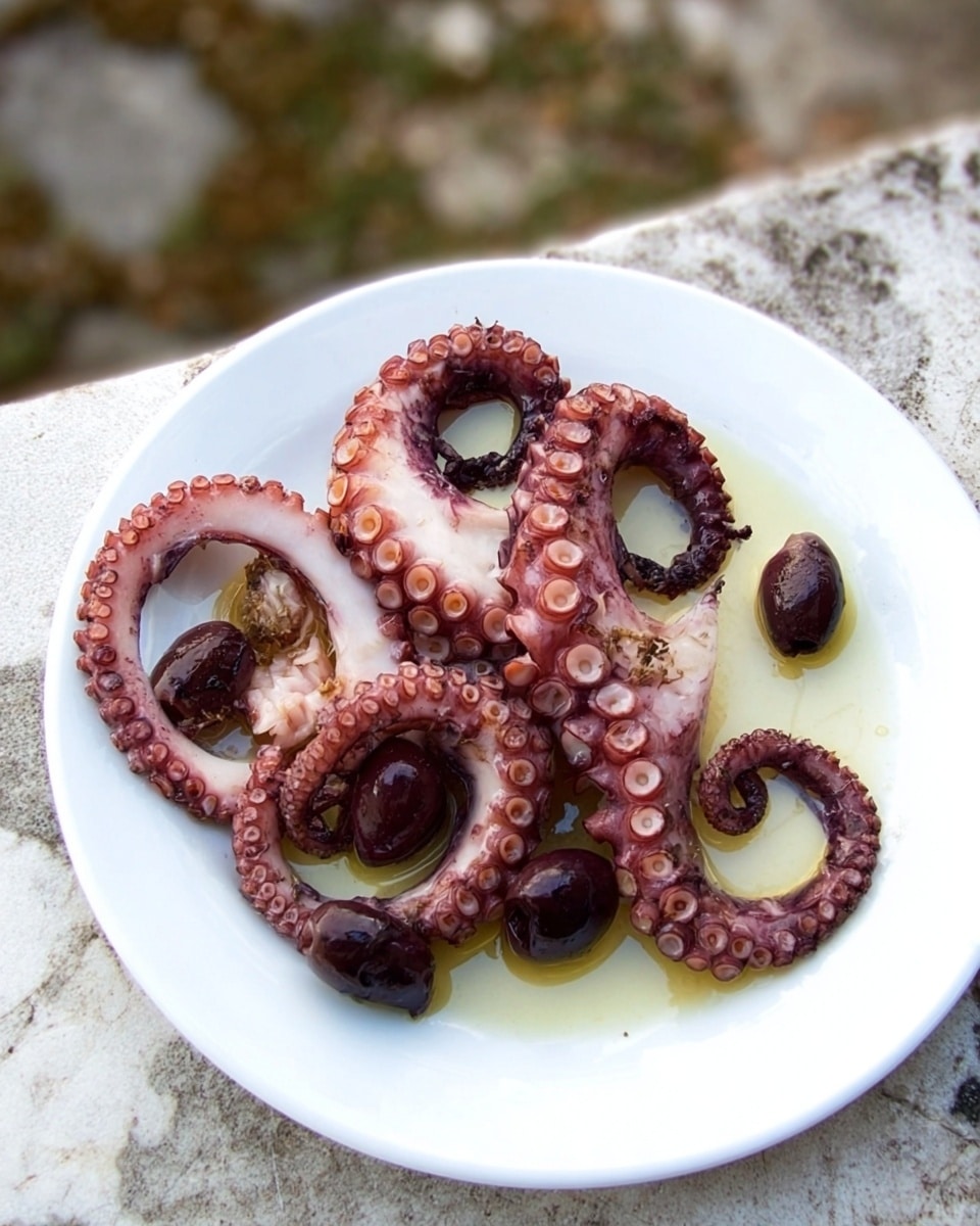 The image shows a white plate holding several large pieces of cooked purple octopus tentacles arranged close together. The tentacles have a smooth, shiny texture with visible suction cups in shades of pinkish-purple along the curved edges. The octopus is drizzled with a thin layer of yellow olive oil and sprinkled lightly with greenish dried herbs, adding a subtle texture contrast. The plate sits on a white marbled surface, creating a clean and bright background. Photo taken with an iphone --ar 4:5 --v 7
