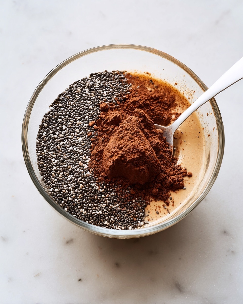 A clear glass bowl sits on a white marbled surface, filled with three distinct layers of ingredients. One side of the bowl is covered with small black and white chia seeds. Next to it is a pile of dark brown cocoa powder forming a mound that slightly spreads out into the chia seeds and the creamy liquid beneath. The liquid layer is light brown and creamy, partially visible below the seeds and powder. A white spoon is placed inside the bowl resting on the chia seeds. photo taken with an iphone --ar 4:5 --v 7