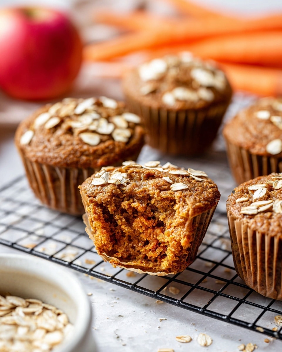 The image shows a close-up of four brown muffins topped with oat flakes, arranged on a black wire rack over a white marbled surface. One muffin in the front is open, revealing a moist, textured orange-brown inside with visible oat pieces. In the foreground, a red apple is softly blurred on the left side, and a small white bowl with oats is partially visible on the bottom left corner. In the background, two orange carrots are slightly out of focus, adding a fresh color contrast. photo taken with an iphone --ar 4:5 --v 7