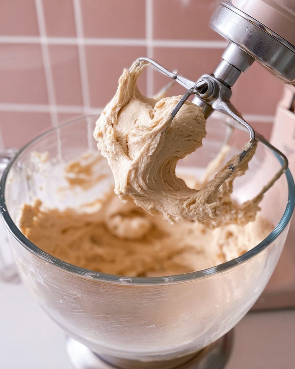 A clear glass mixing bowl holds light beige creamy dough with a smooth and soft texture, partially wrapped around the silver mixing paddle of a stand mixer. The dough looks thick and fluffy, sitting in one thick layer at the bottom and on the paddle. The background shows a white marbled surface and soft pink tiles behind. photo taken with an iphone --ar 4:5 --v 7