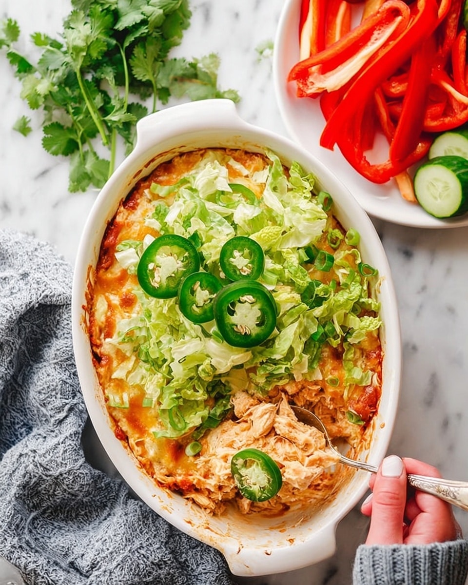 A white oval dish filled with a layered casserole featuring a base of creamy, light orange sauce mixed with chunks of melted cheese and bits of shredded chicken. On top, there is a layer of chopped green lettuce and slices of bright green jalapeño peppers evenly spread across the dish. A spoon with a scoop of the casserole, showing all the layers and textures, is held by a woman's hand in a gray sweater sleeve. The dish is placed on a white marbled surface, next to a white plate with fresh red bell pepper strips and green cucumber slices, along with some green cilantro sprigs nearby. Photo taken with an iphone --ar 4:5 --v 7