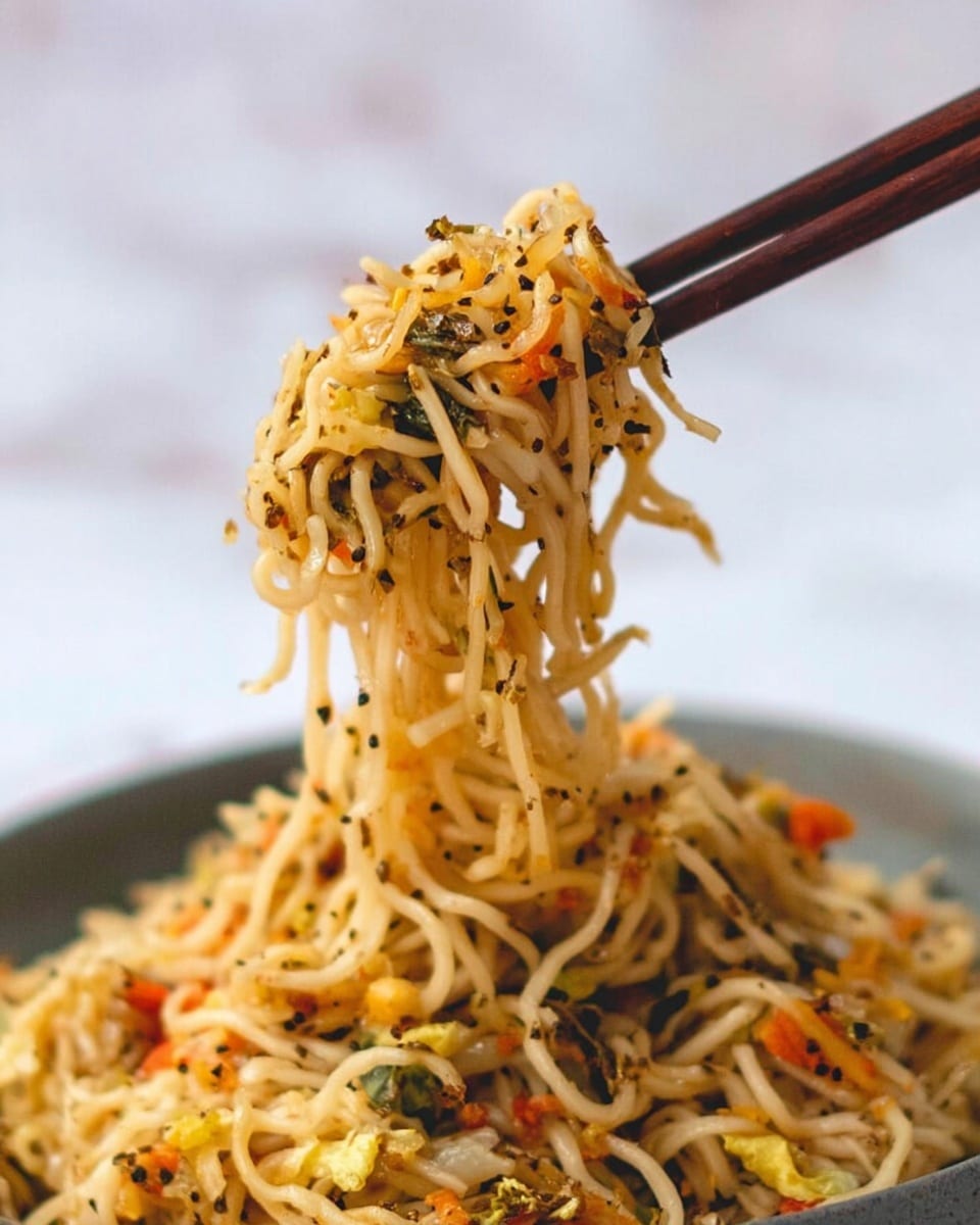 The image shows thin noodles mixed with small pieces of cooked vegetables and herbs, some light orange, yellow, and green bits spread throughout the noodles. The noodles are held up by a pair of dark brown chopsticks, showing a tangle of light yellow noodles with visible black and green seasoning flakes. The background has a soft focus effect, making the noodles the main focus. The overall palette is warm with different shades of beige, yellow, orange, and green on a white marbled surface. photo taken with an iphone --ar 4:5 --v 7