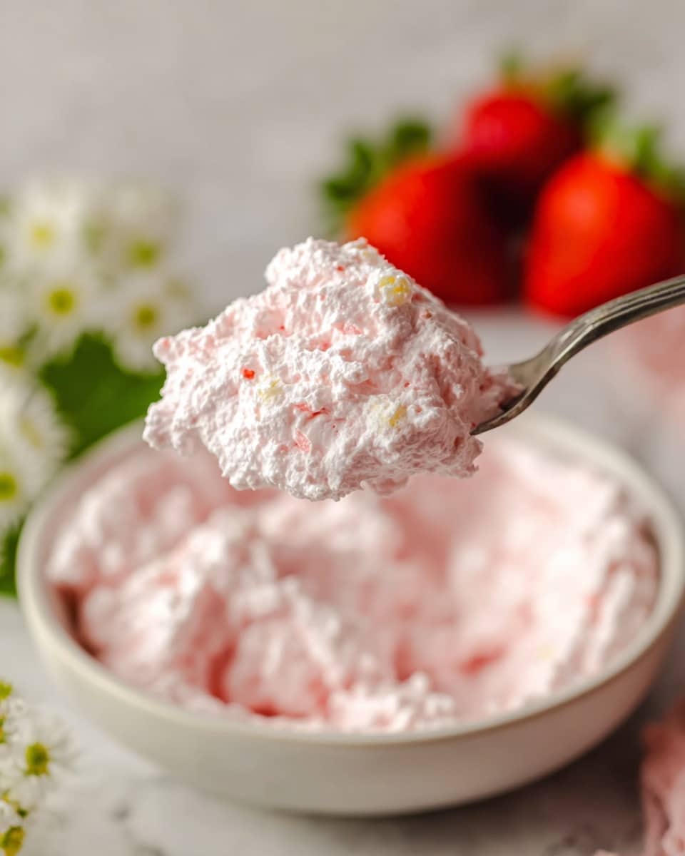 A close-up of a spoonful of light pink fluffy salad with small white and yellow bits visible throughout, held above a white bowl filled with the same pink creamy mixture. The texture looks soft and airy with a slightly lumpy surface. In the blurred background, there are two red strawberries with green leaves and some white flowers, all set on a white marbled surface. photo taken with an iphone --ar 4:5 --v 7